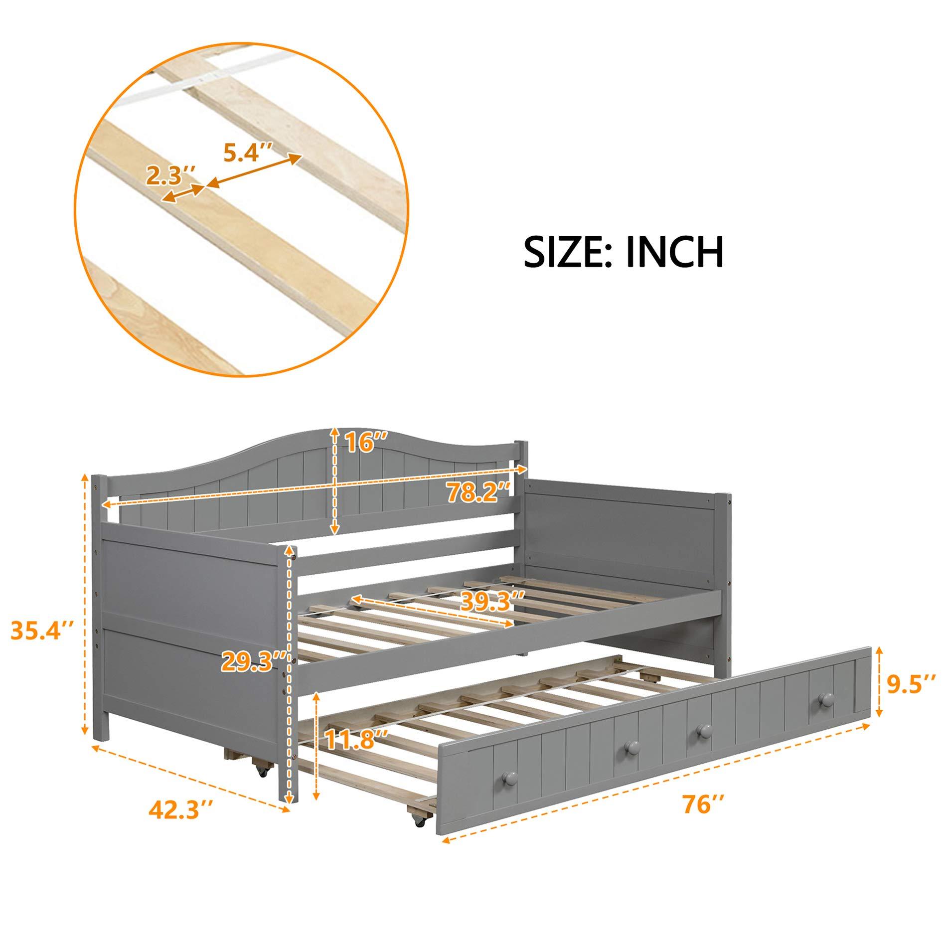 Merax Merax Twin Daybed with Trundle Bed, Wood Daybed Frame with Wood Slat Support, Sofa Bed for Bedroom Living Room, No Box Spring Needed, Gray