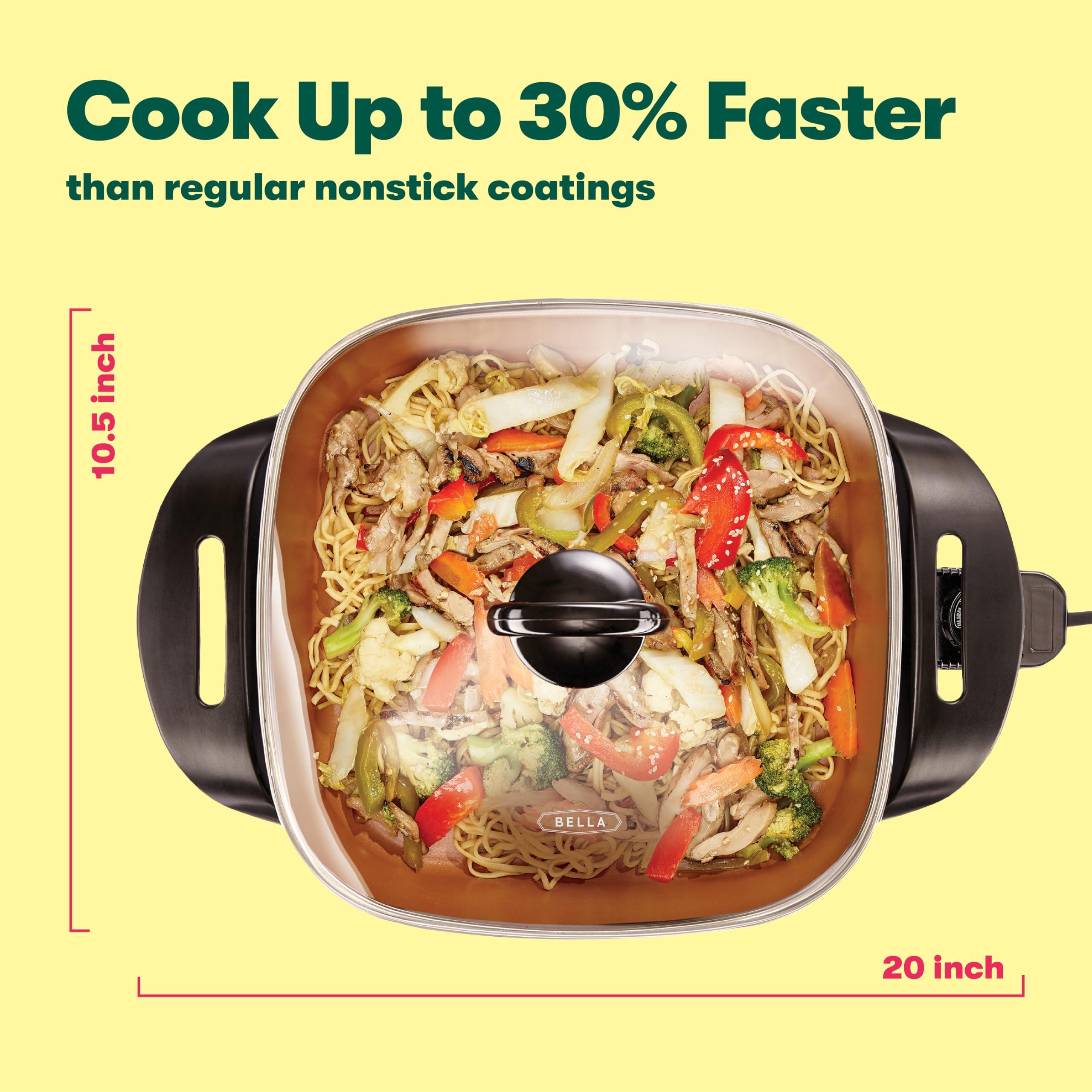 BELLA BELLA Electric Skillet and Frying Pan with Glass Lid, Nonstick Coating, Cool Touch Handles, Removable Heating Probe, Dishwasher Safe, 12 x 12 inch, Copper