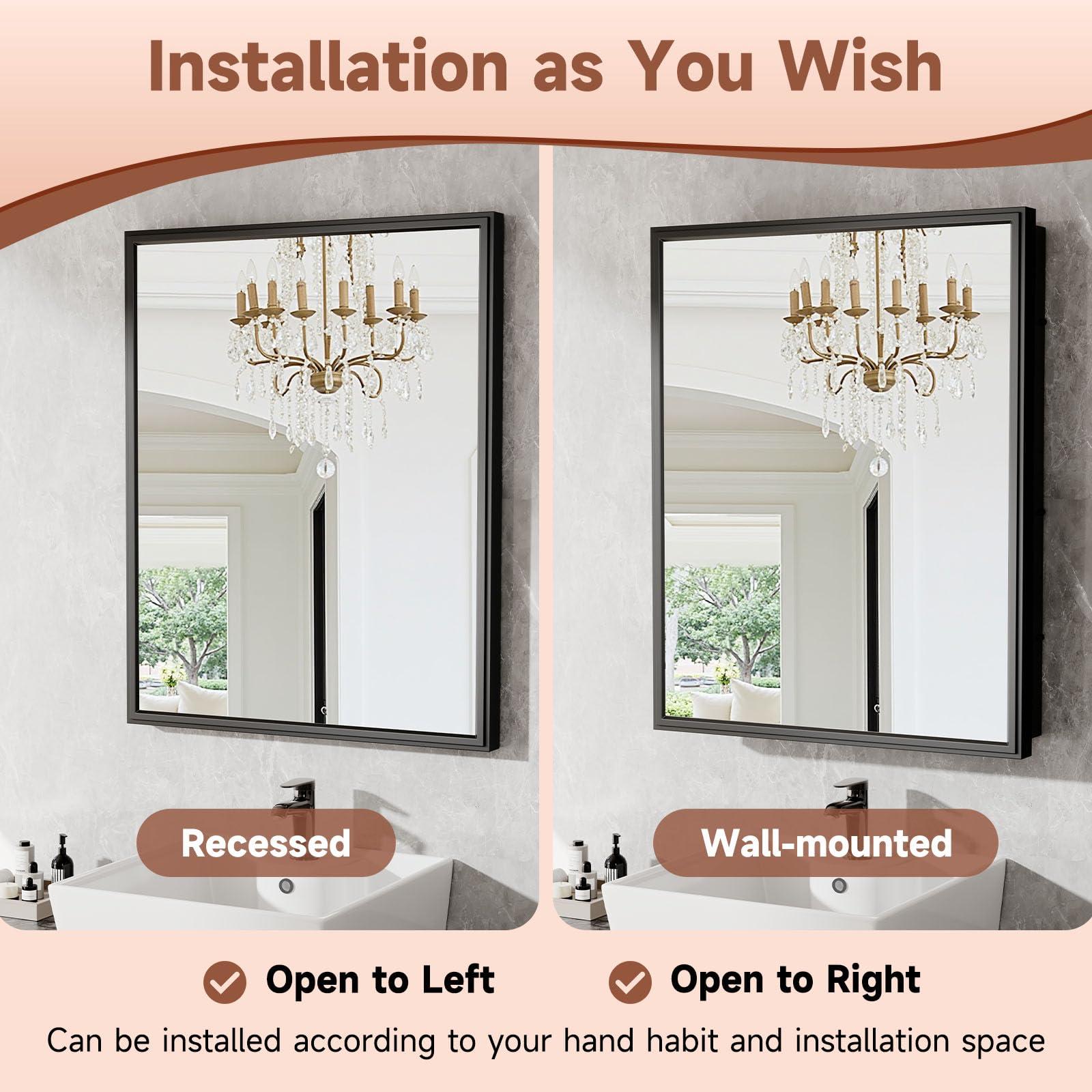 BOHMIROO BOHMIROO 24x30 Inch Medicine Cabinet Mirror Black Bathroom Medicine Cabinet with Vanity Mirror Recessed Medicine Cabinet Surface Mount Matte Aluminum Alloy Framed Vanity Mirror with Storage Cabinet