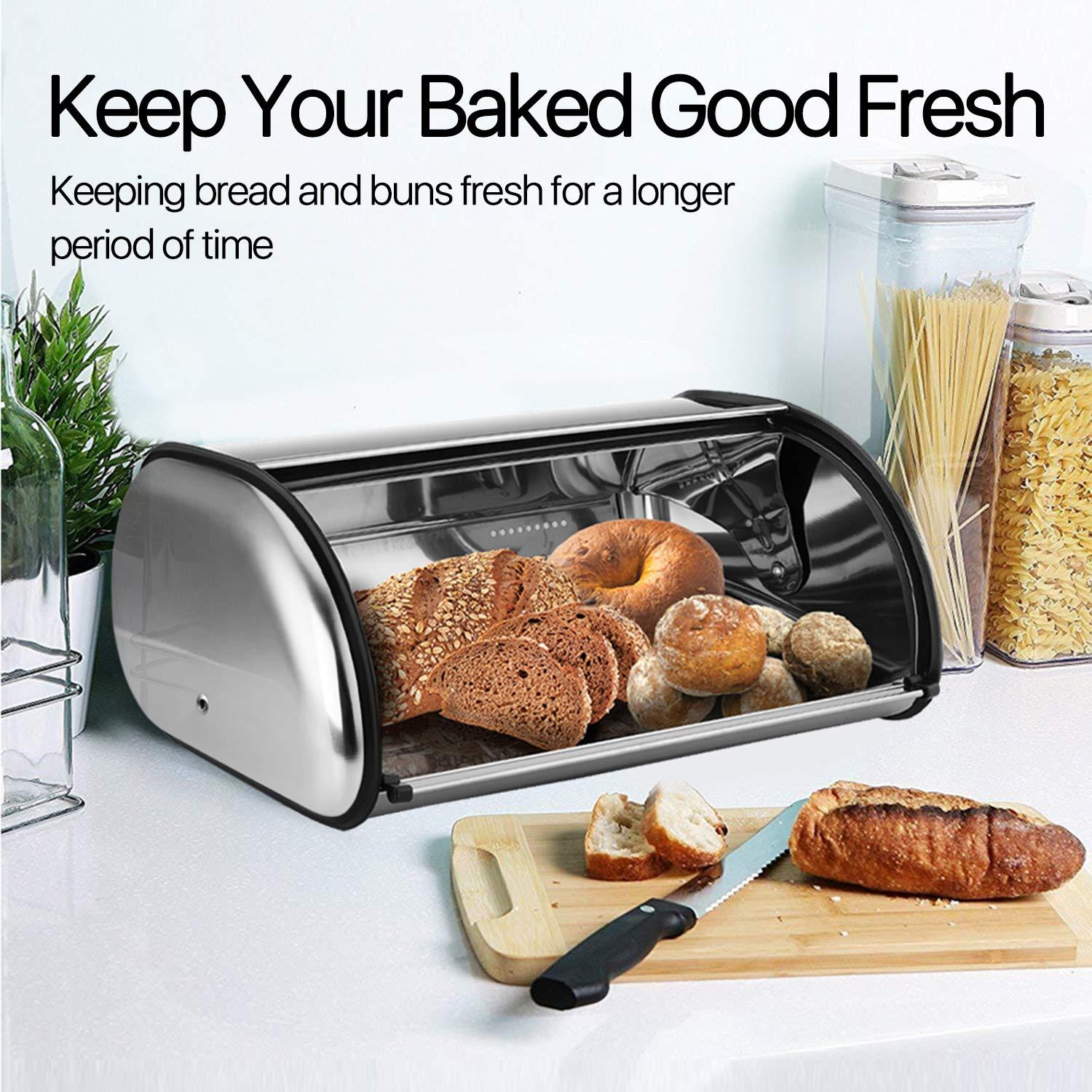 Flexzion Flexzion Stainless Steel Bread Box For Kitchen Countertop (17 inch) Metal Roll Up Top Lid Storage Container Bin Keeper for Cake Buns Toasts Loaves Pastries Pancakes, Ideal for Restaurant Home Kitchen