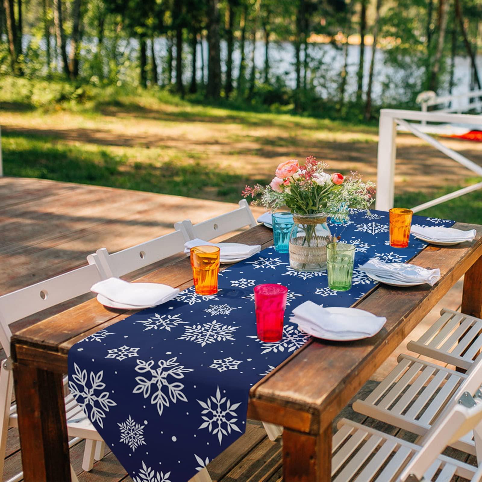 ZFUNCING Linen Table Runner-90Inch Long Christmas White Snowflake on Blue Washable Burlap Table Runners Winter Snowy Dining Dresser Scarfs for Kitchen Wedding Holiday Party Tables Decor