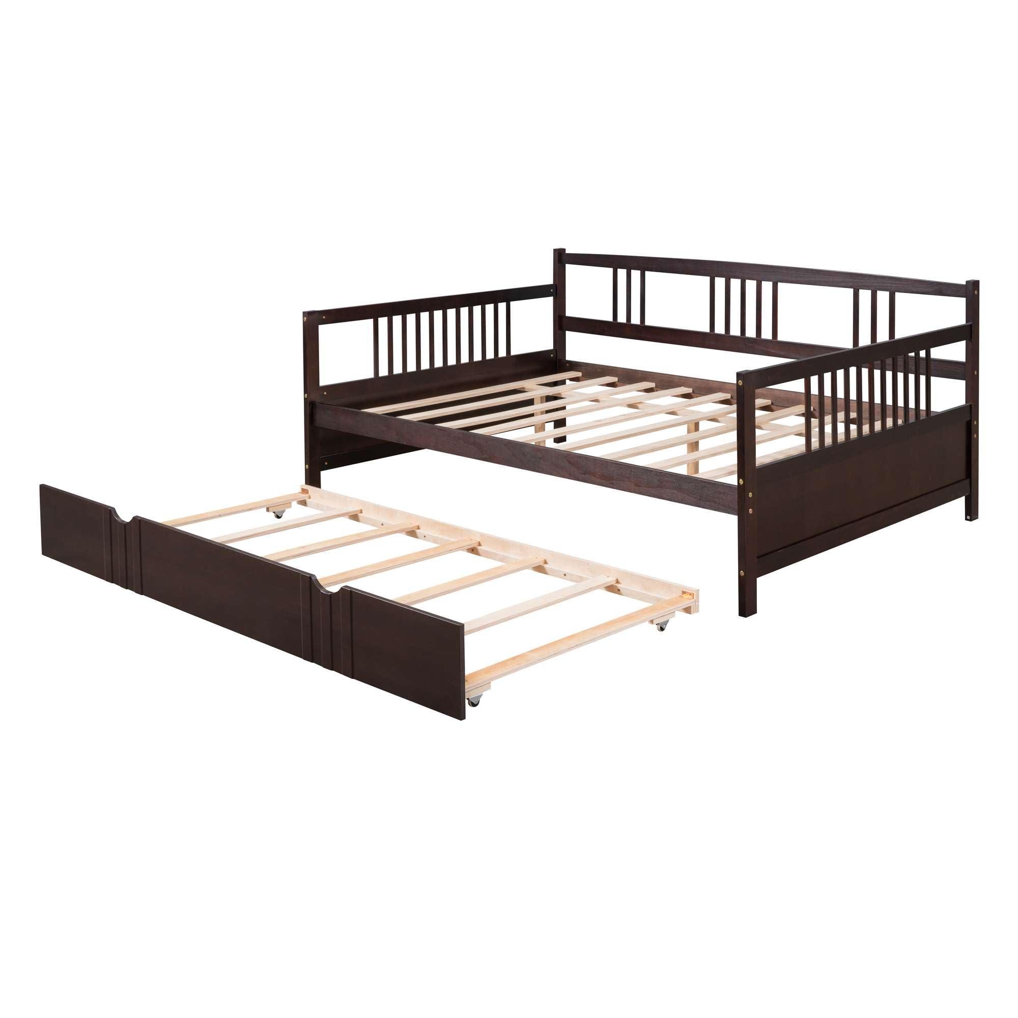 bedframe Full Size Daybed with Twin Size Trundle - Espresso Finish, Solid Wood Bed Frame, Space-Saving Design for Comfortable and Versatile Sleeping Options