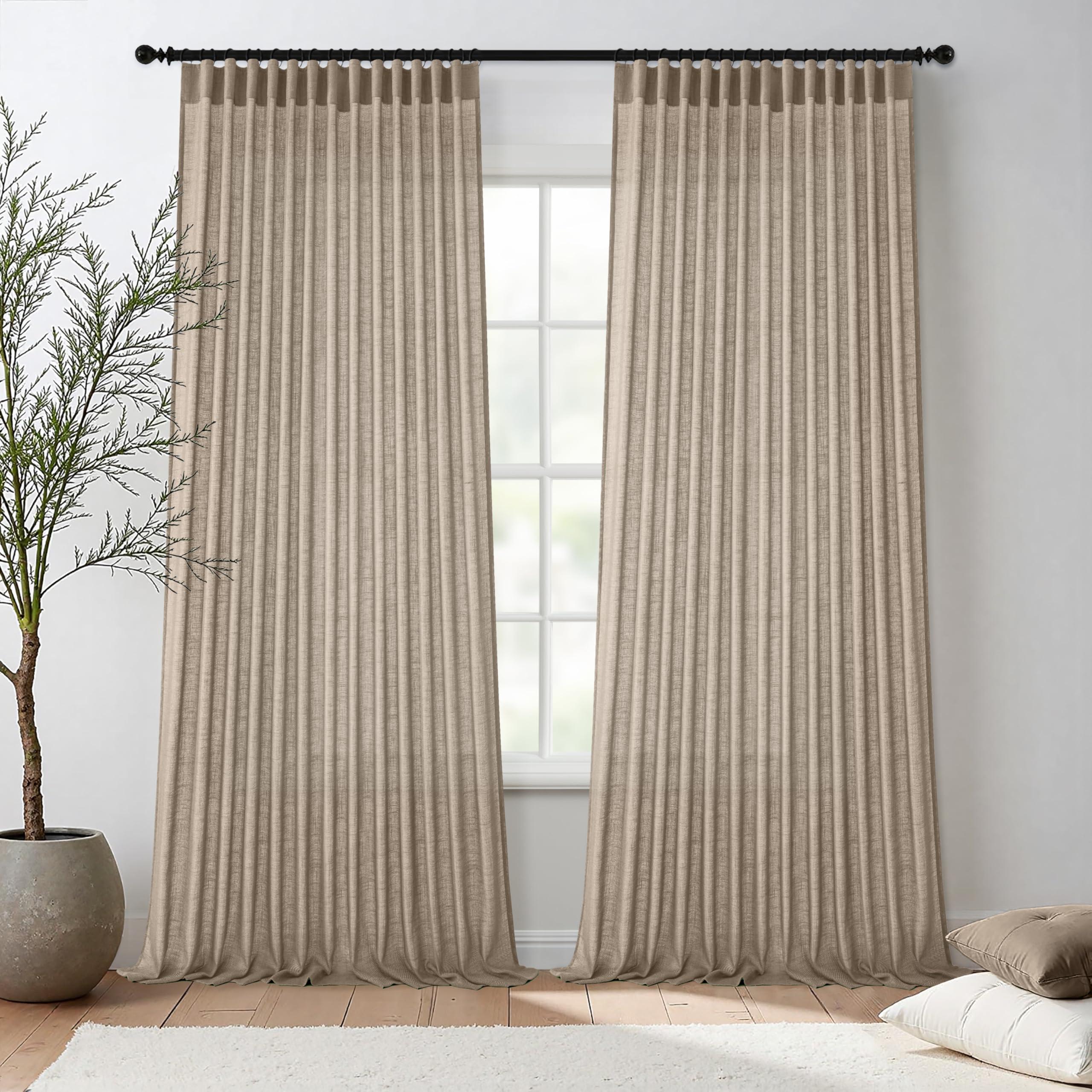 MIULEE MIULEE Taupe Linen Curtains 90 Inch Length 2 Panels for Bedroom Living Room, Back Tab & Hook Belt Pleated Soft Thick Linen Textured Window Drapes Semi Sheer Light Filtering Farmhouse Burlap Look Decor