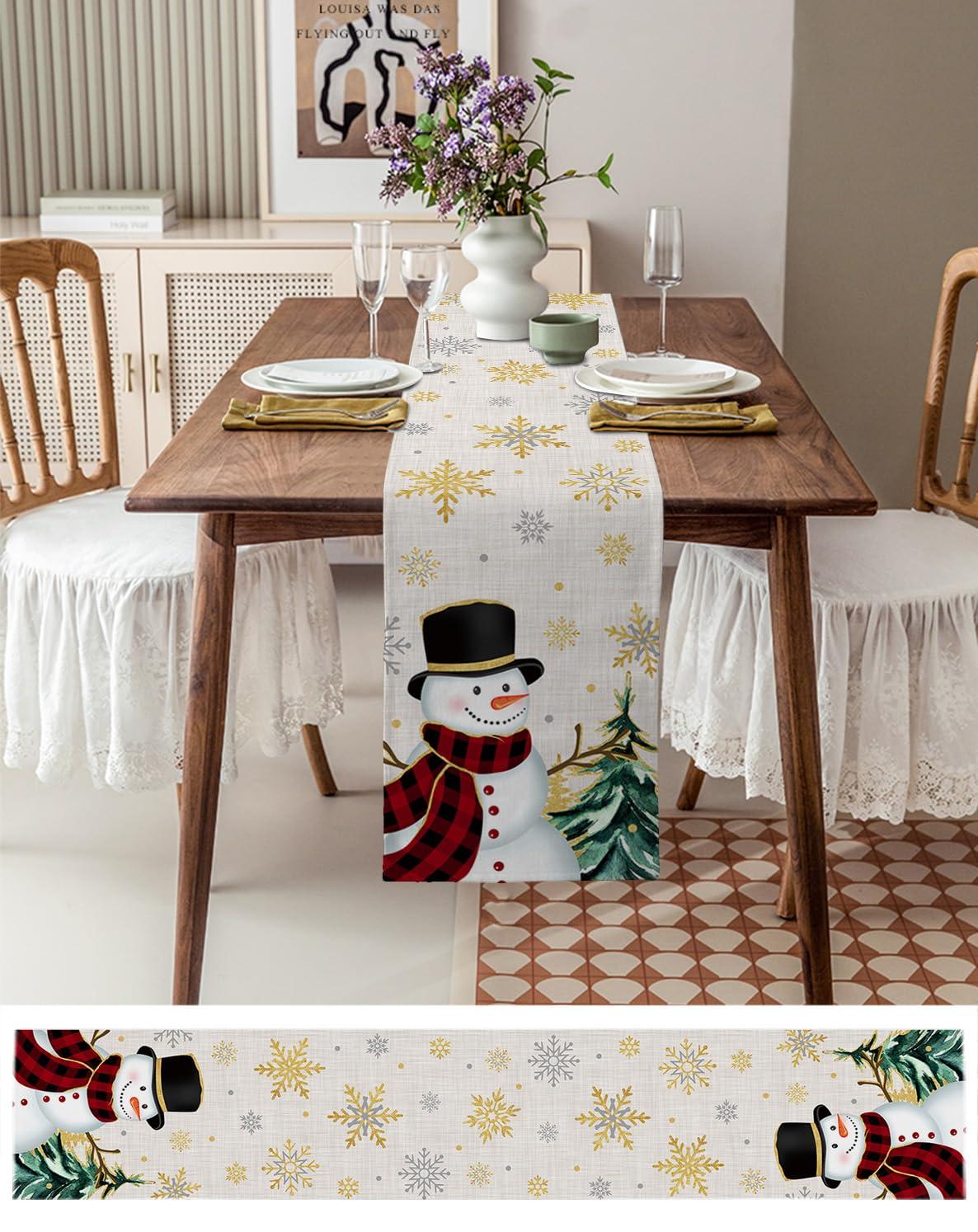 Shine-Home Snowman Table Runner 48 Inches Long Cotton Linen Tablerunner Dresser Scarves, Burlap Kitchen Dinner Cafe Table Runners Table Decor for Coffee/Party/Wedding, Christmas Tree Gold Snowflake Green