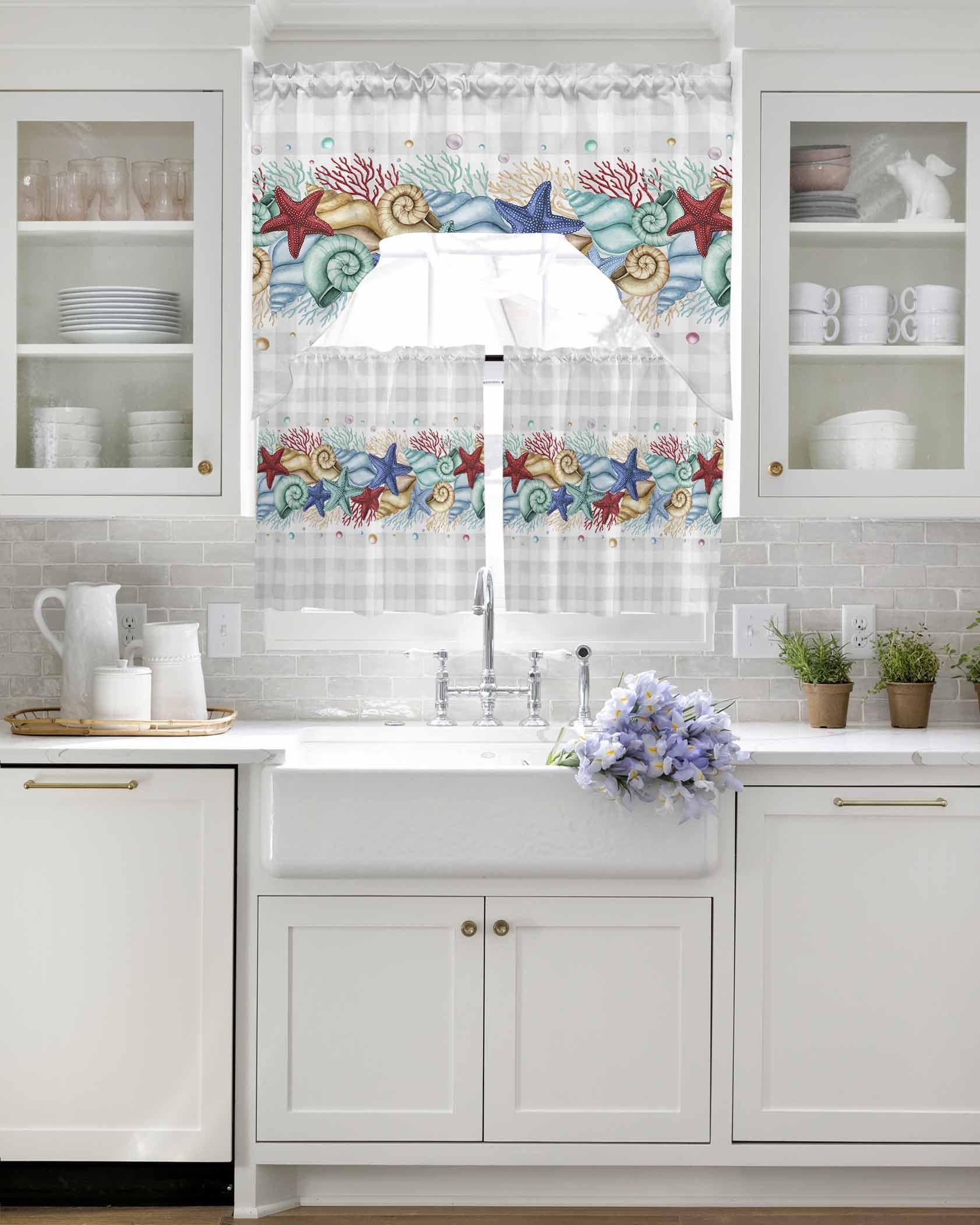 Onekaccu Coral Starfish Coastal Swag Curtains Valance and Tier Set, Rod Pocket 3 Piece Kitchen Curtains Over Sink Summer Beach Ocean Plaid Gray Swag Valances and Tier Curtains for Bedroom Bathroom 36 inches