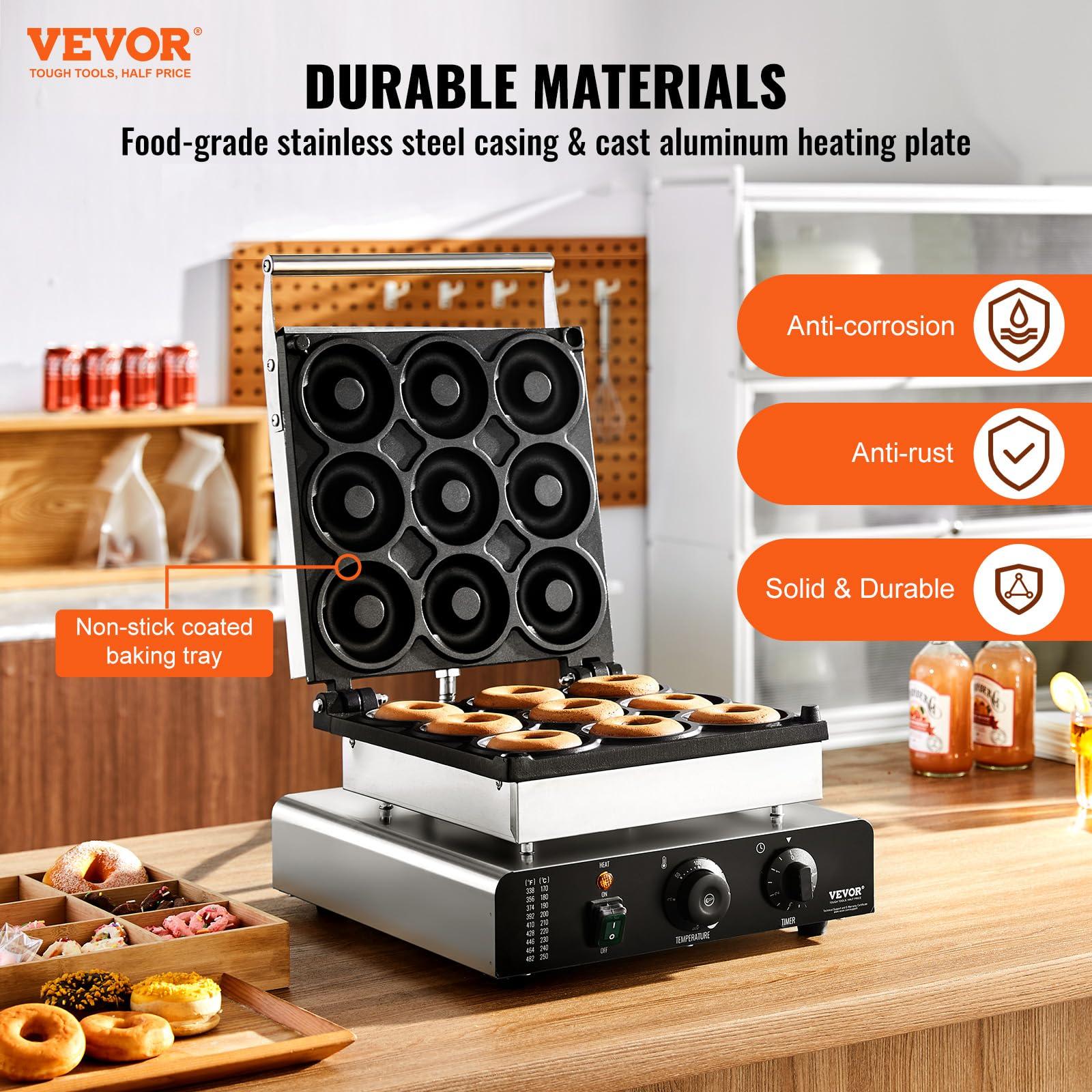 VEVOR VEVOR Electric Donut Maker, 2000W Commercial Doughnut Machine with Non-stick Surface, 9 Holes Double-Sided Heating Waffle Machine Makes 9 Doughnuts, Temperature 122-572, for Restaurant and Home Use