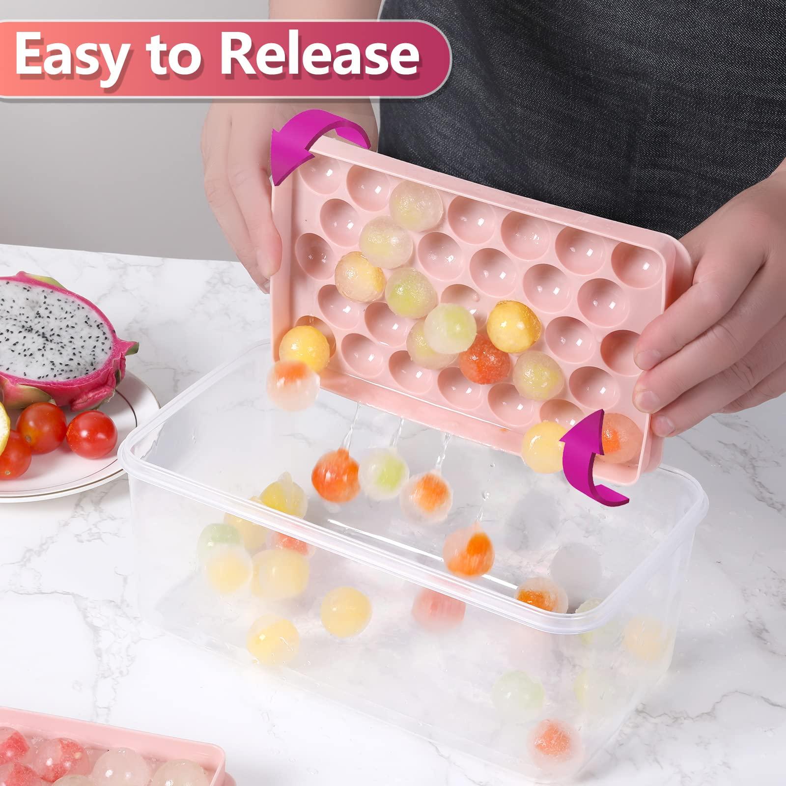 Volpeblu Round Ice Cube Trays 3 Pack Circle Ice Ball Maker Mold Small Round Ice Cube Trays for Freezer with Lid & Bin Mini Sphere Ice Tray for Cocktail Coffee Juice Chilled Whiskey (Pink)