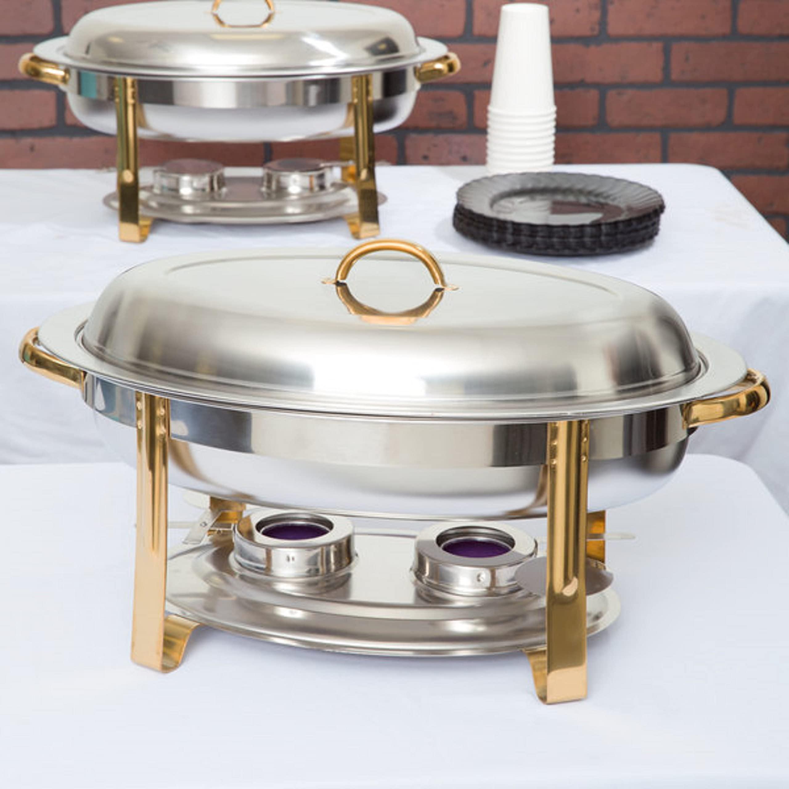 TrueCraftware TrueCraftware- 6 Qt. Stainless Steel Half Size Oval Chafing Dish Gold Accented Complete Set- Food Warmer Chafers and Buffet Warmer Sets for Catering Event Party Holiday Buffet Weddings Catering