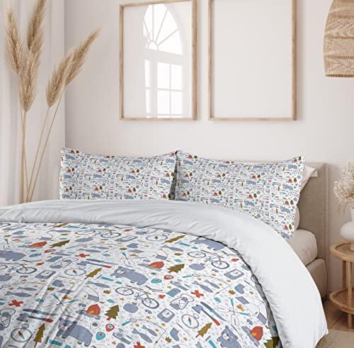 Lunarable Lunarable Camping Duvet Cover Set, Cartoon Bear Tent and Compass Outdoor Hobby Theme Hiking Doodle, Decorative 2 Piece Bedding Set with 1 Pillow Sham, Twin Size, Vermilion Bluegrey