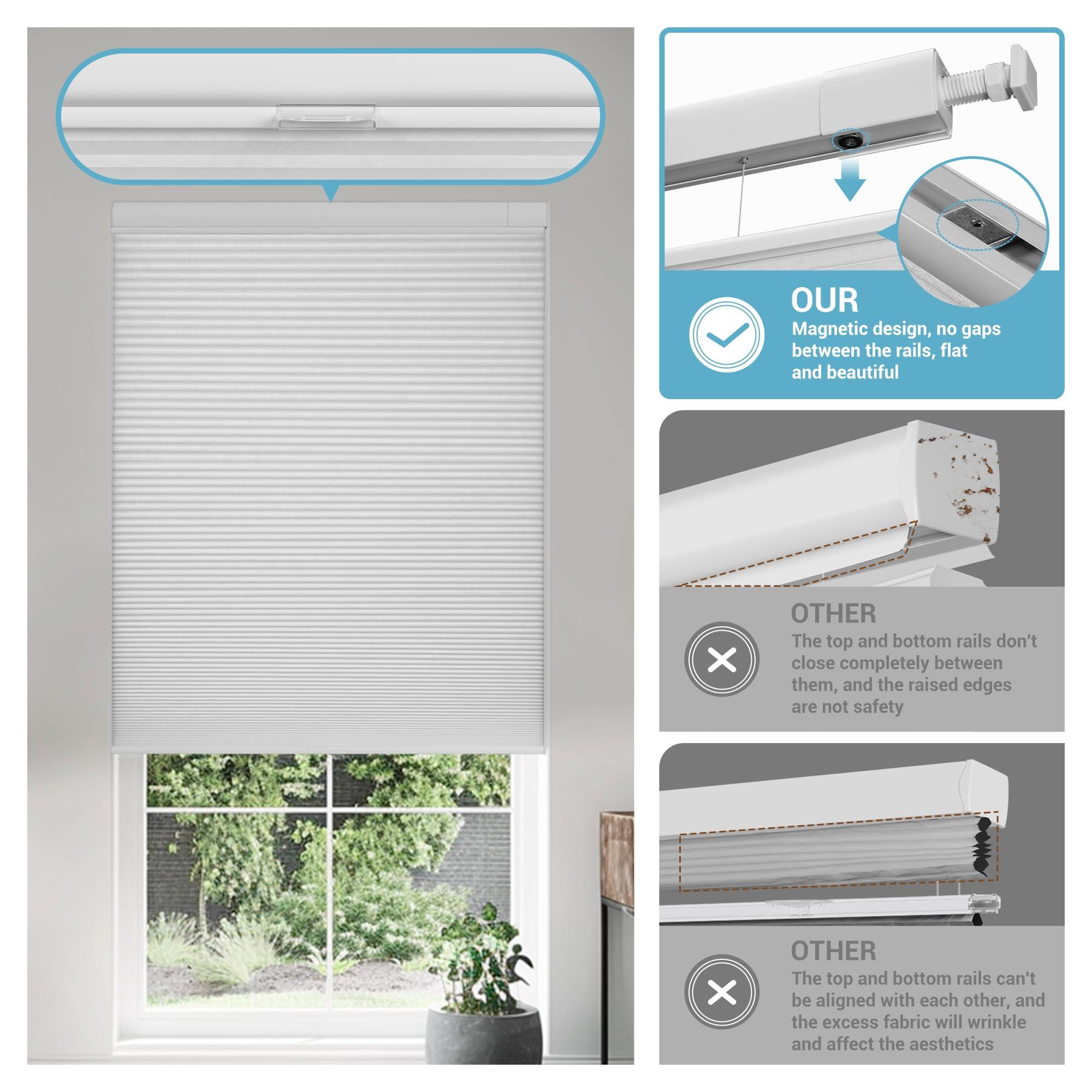 Boolegon Boolegon No Drill No Tools Cellular Shades Top Down Bottom Up Honeycomb Blinds Blackout Cordless Window Blinds Easy to Install Cellular Shade for Windows,Blackout-White,39.5" W x 48" H