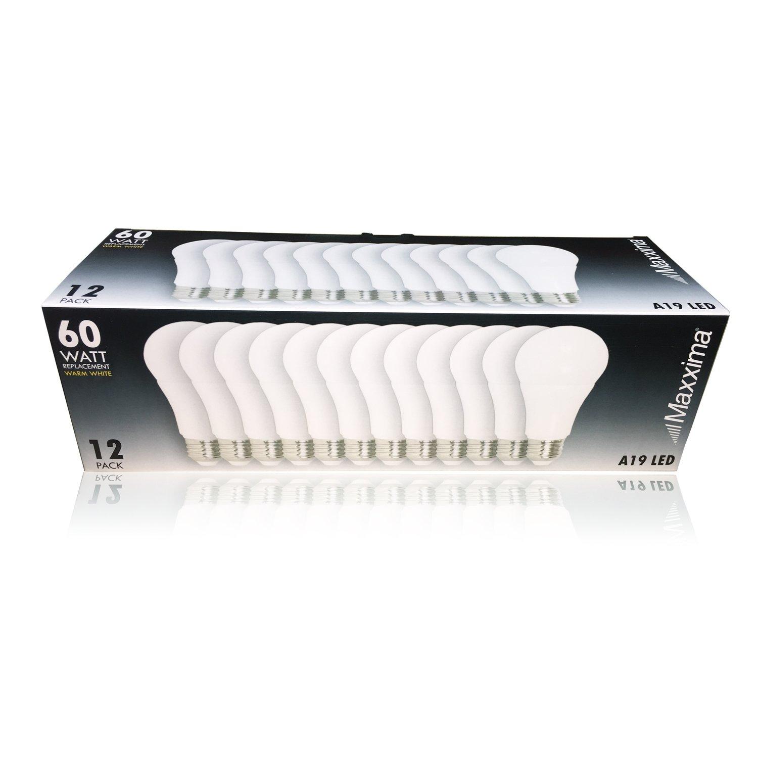 Maxxima Maxxima LED A19 800 Lumens 60 Watt Equivalent Light Bulb Set - 2700K Soft White Light, Energy Efficient 10 Watts, E26 Base, Non-Dimmable, for Bathrooms, Lamps, and Living Rooms - 12 Pack