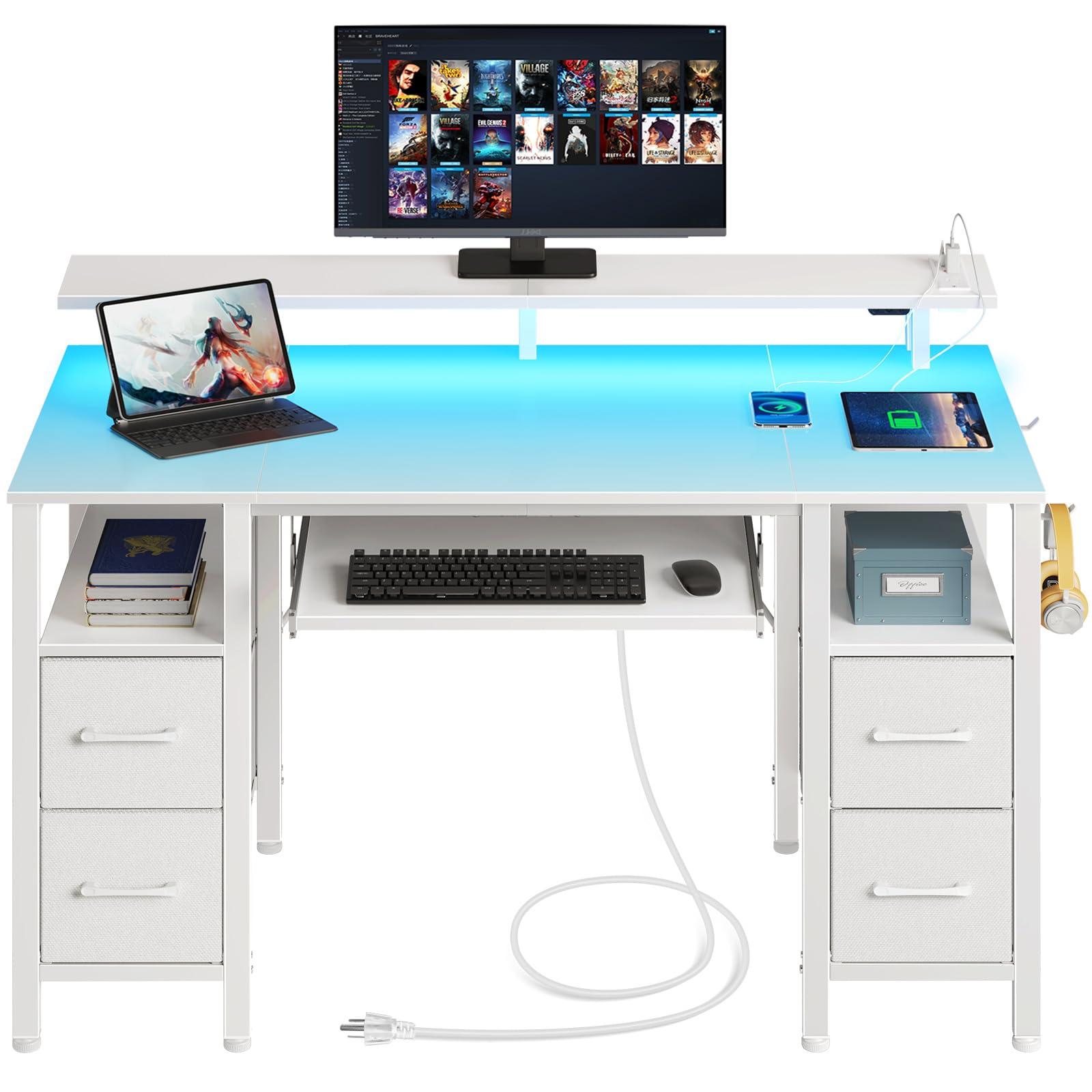 Seventable Seventable Computer Desk 55.1" with LED Lights & Power Outlets, Home Office Desk with 4 Drawers, Writing Desk with Keyboard Tray, Study Table with Monitor Stand, Work for Home Office, White