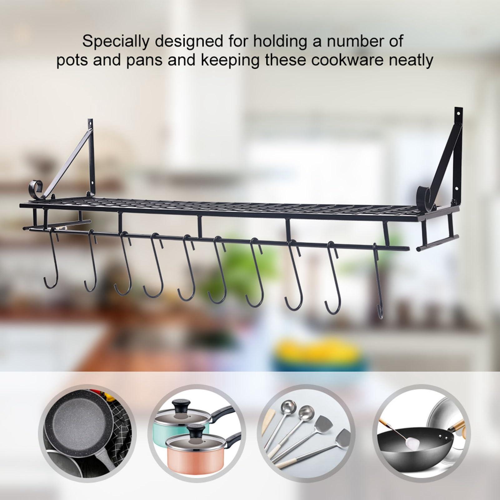 MOUMOUTEN MOUMOUTEN Metal Hanging Pan Pot Rack, Black Wall Mounted Portable with 10 Hook Holder Easy Installation Kitchen Storage Organizer for Kitchen (45CM)