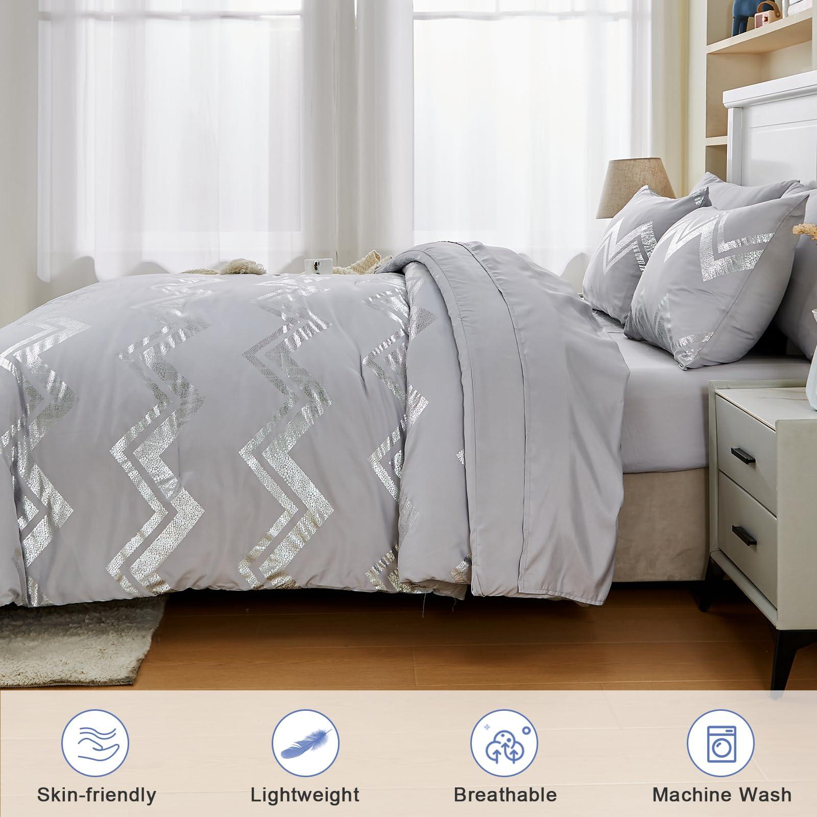 Wowelife Wowelife 6 Pieces Silver Grey Twin Comforter Set Gray Kids Twin XL Comforter Bedding Sets College Dorm for Girls & Boys Bed in A Bag Glitter with Sheets for Kids, 2 Pillow Shams and 1 Pillow Case