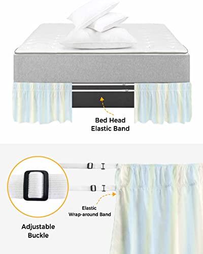 RisQiten Teal Blue Striped Bed Skirt King Size 16 Inch Drop, Adjustable Elastic Bedskirt Dust Ruffle for King Size Bed, Modern White Cream Ombre Abstract Art Wrap Around Bed Skirts Pleated Bed Frame Cover