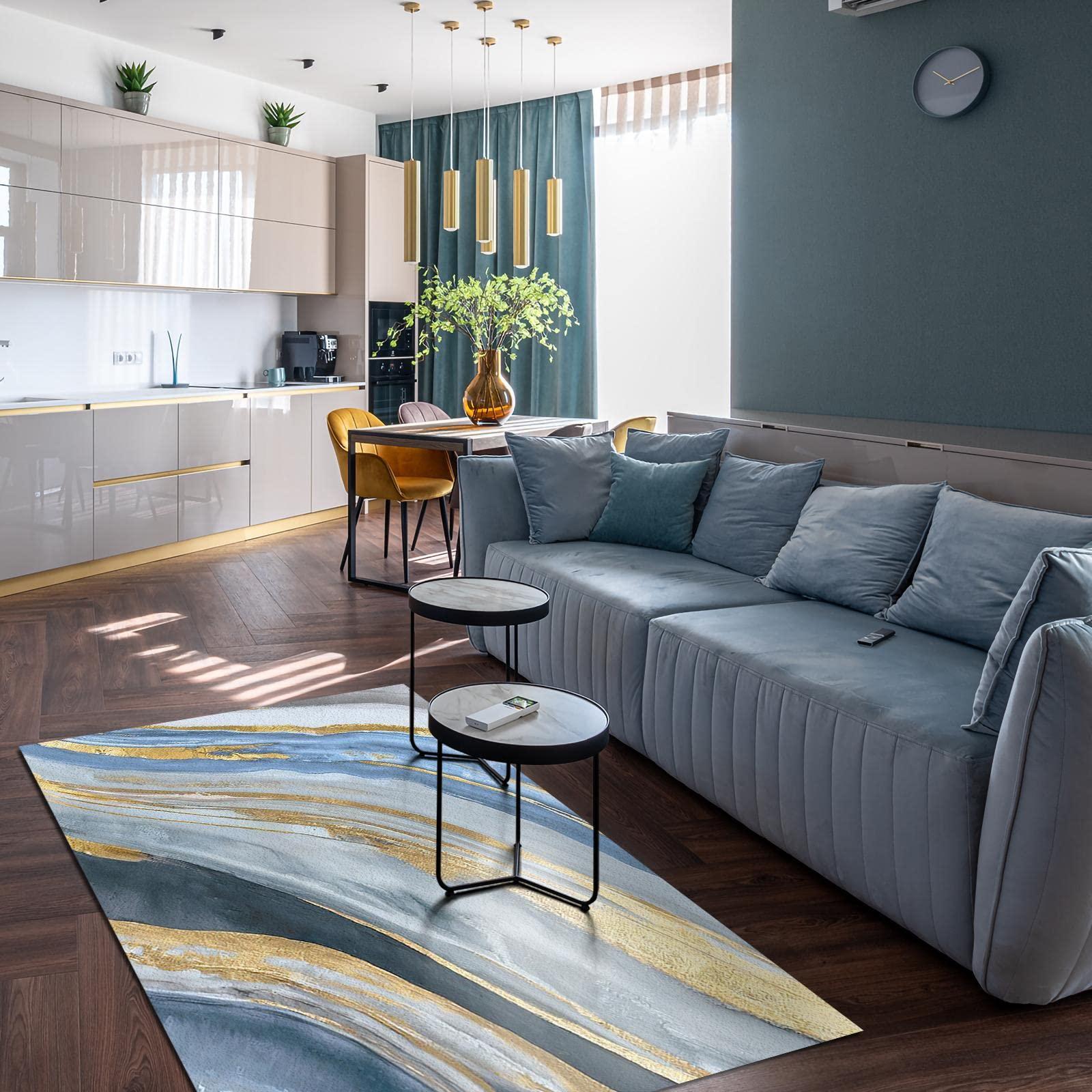 HomeLoft Basics Marble Blue Gray Wave Pattern Area Rugs, Luxury Gold Lines Indoor Throw Rug, Machine Washable Fade Resistant Printed Soft Anti-Slip Rug for Kitchen Girls Boys Nursery Living Room, 6x8ft