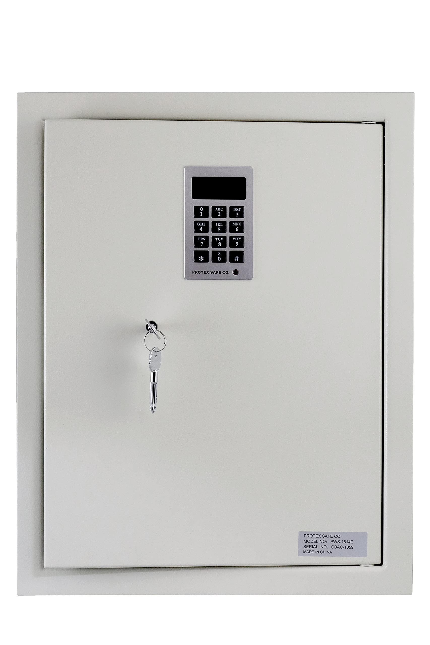 Protex Safe Co. Protex Safe Electronic Keypad Wall Safe (PWS-1814E), Burglary Resistant wall safe, digital electronic locking system, velvet interior, automatic door opening, 2 Removable shelves