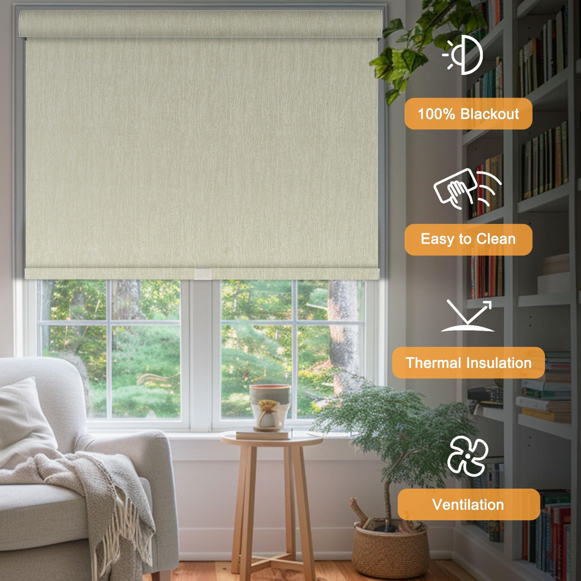 Doing-X DOING-X Blackout Roller Shades for Windows Cordless Roller Blinds Custom Size Room Darkening Shades with Cassette Valance Thermal Insulated Linen Fabric Pull Down Window Shades(39.5" W x 44" H) Green