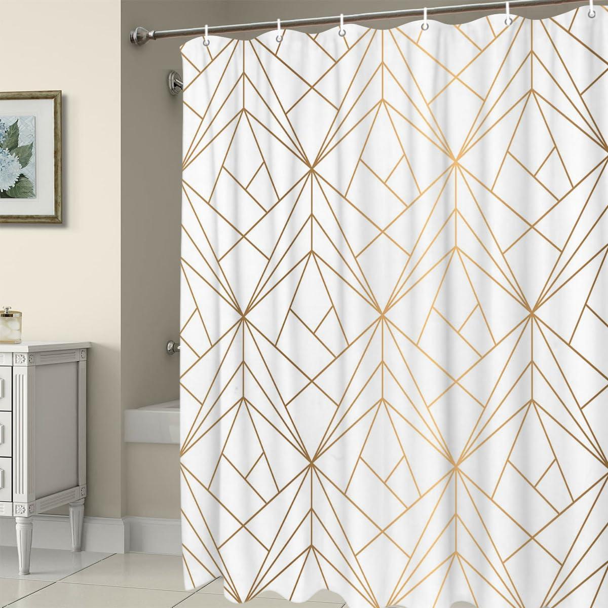 Houseown Shower Curtain, Gold Yellow Line Geometric Patterned Washable Shower Curtain with Hooks Bath Decor Fabric Shower Curtains for Bathroom, Hotel, Stalls, Bathtubs, 36x72 in