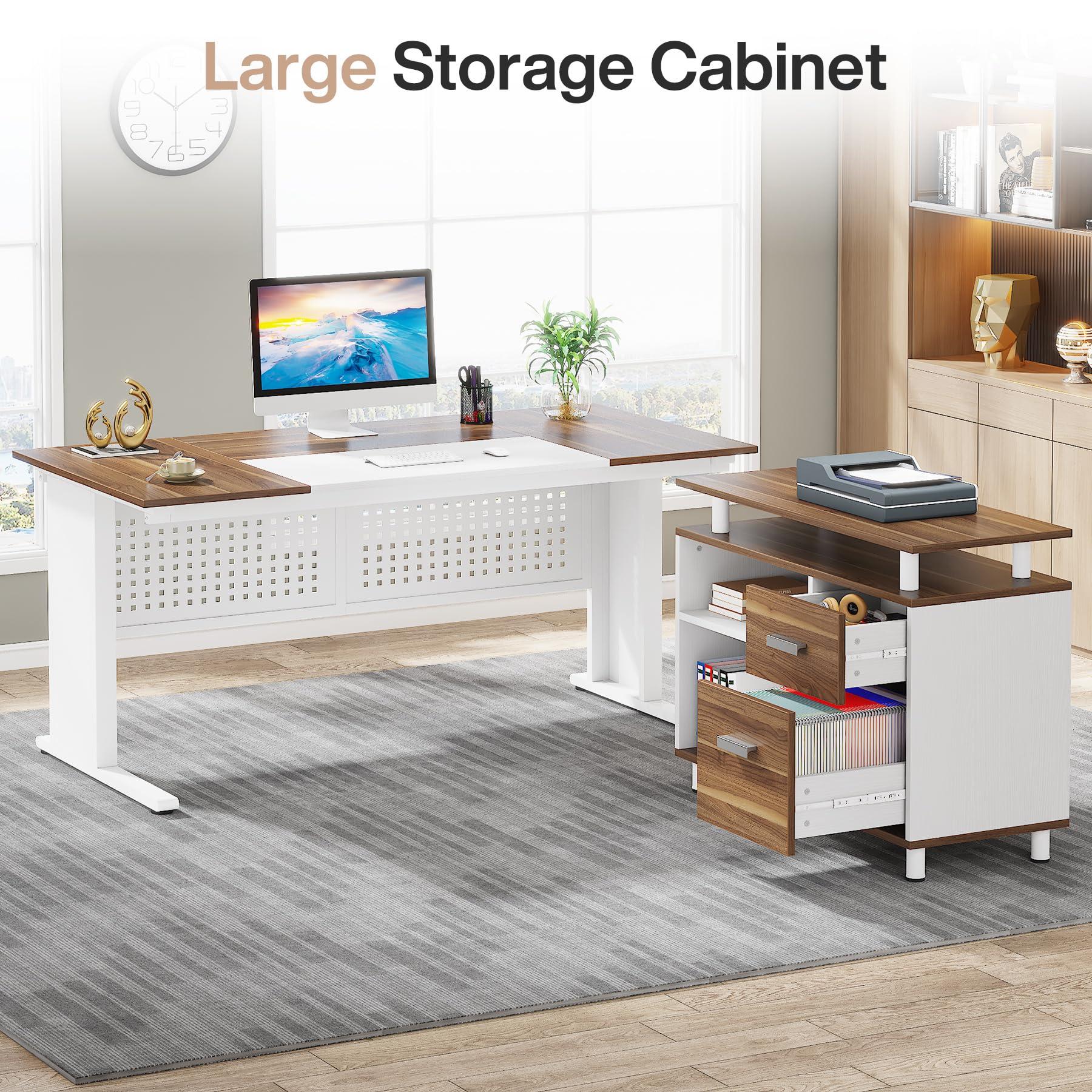 Tribesigns Tribesigns 63 Inch Executive Desk with File Cabinet, Large Office Desk L Shaped Computer Desk with Drawers and Storage Shelves, Business Furniture Desk Workstation for Home Office, White and Walnut