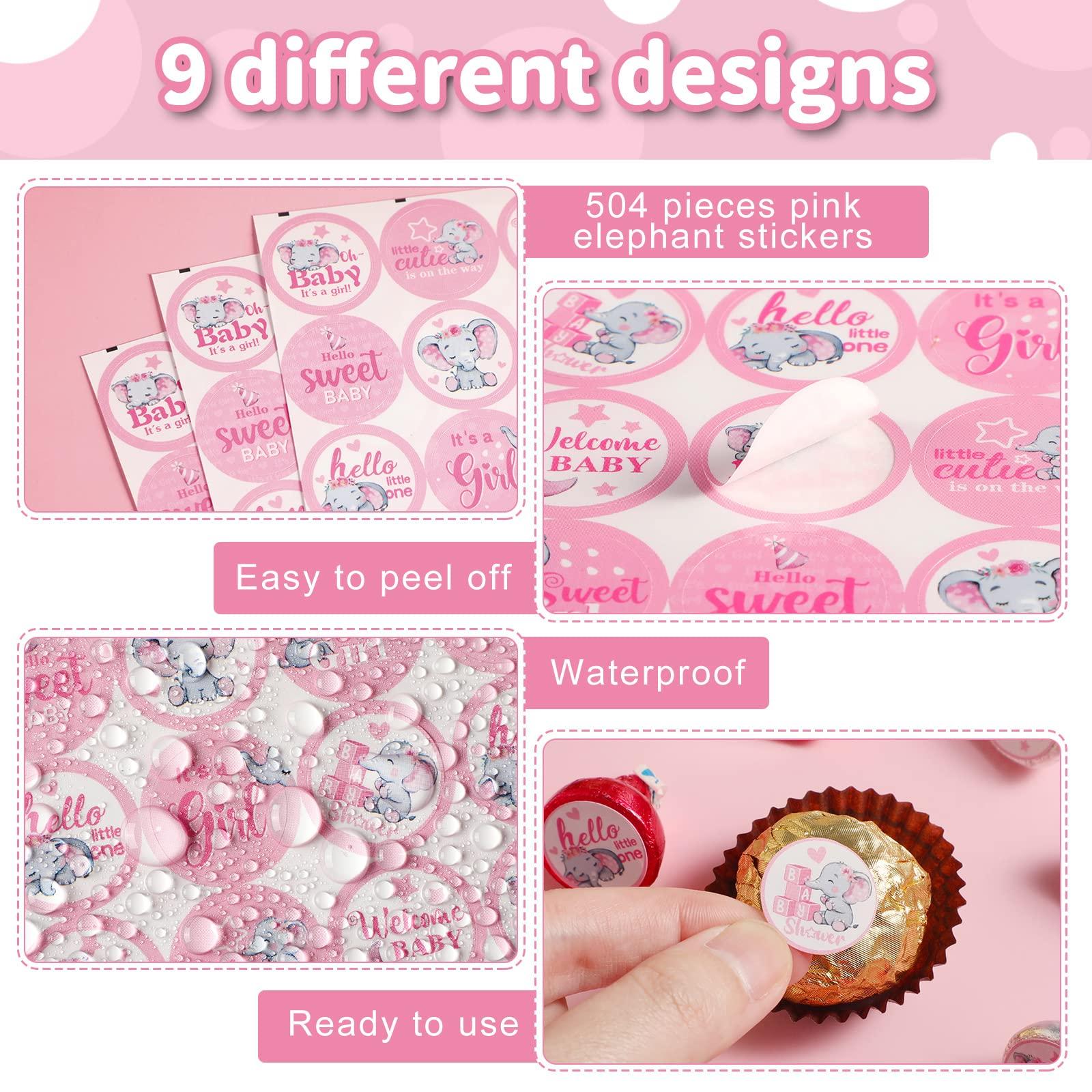 Gersoniel Gersoniel 504 Pieces Baby Elephant Stickers Candy Labels Elephant Kisses Sticker Chocolate Mini Decorations for Sweet Girl Boy Baby Shower Birthday Party Supplies(Pink)