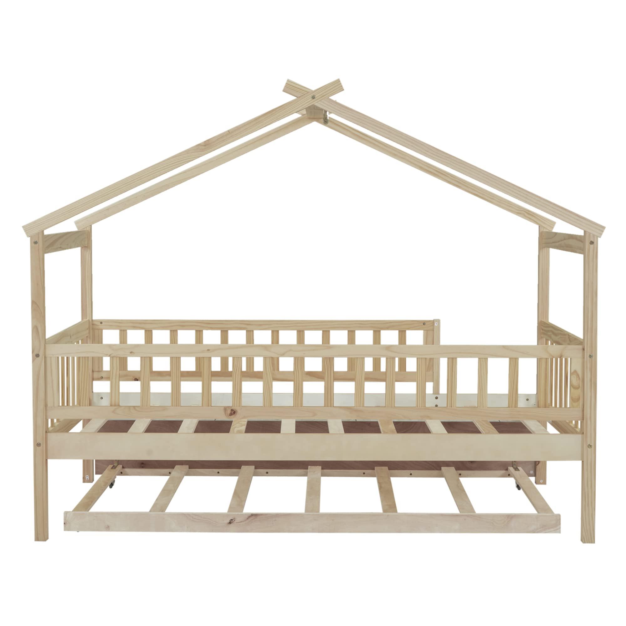 Yoglad Yoglad Twin Size Wooden House Bed with Twin Size Trundle and Fence-Shaped Guardrail, House Bed Frame Can Be Decorated Wood Playhouse for Girls, Boys (Natural)