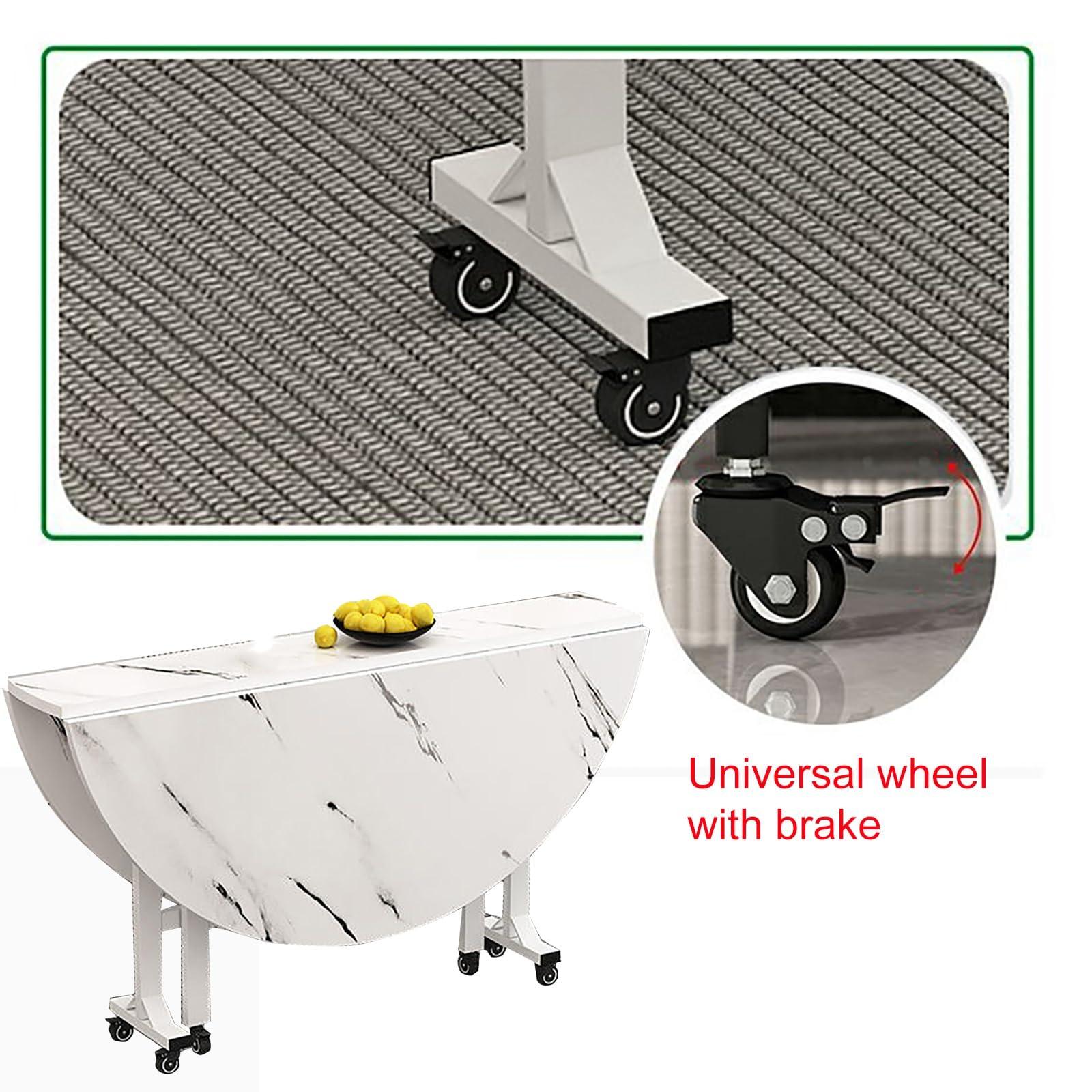 Cxlly Saving Folding Dining Table,Round Drop Leaf Kitchen Dining Room Tables, Universal Wheel with Brake for Kitchen Home Party (Color : White a, Size : 100cm/39.4in)