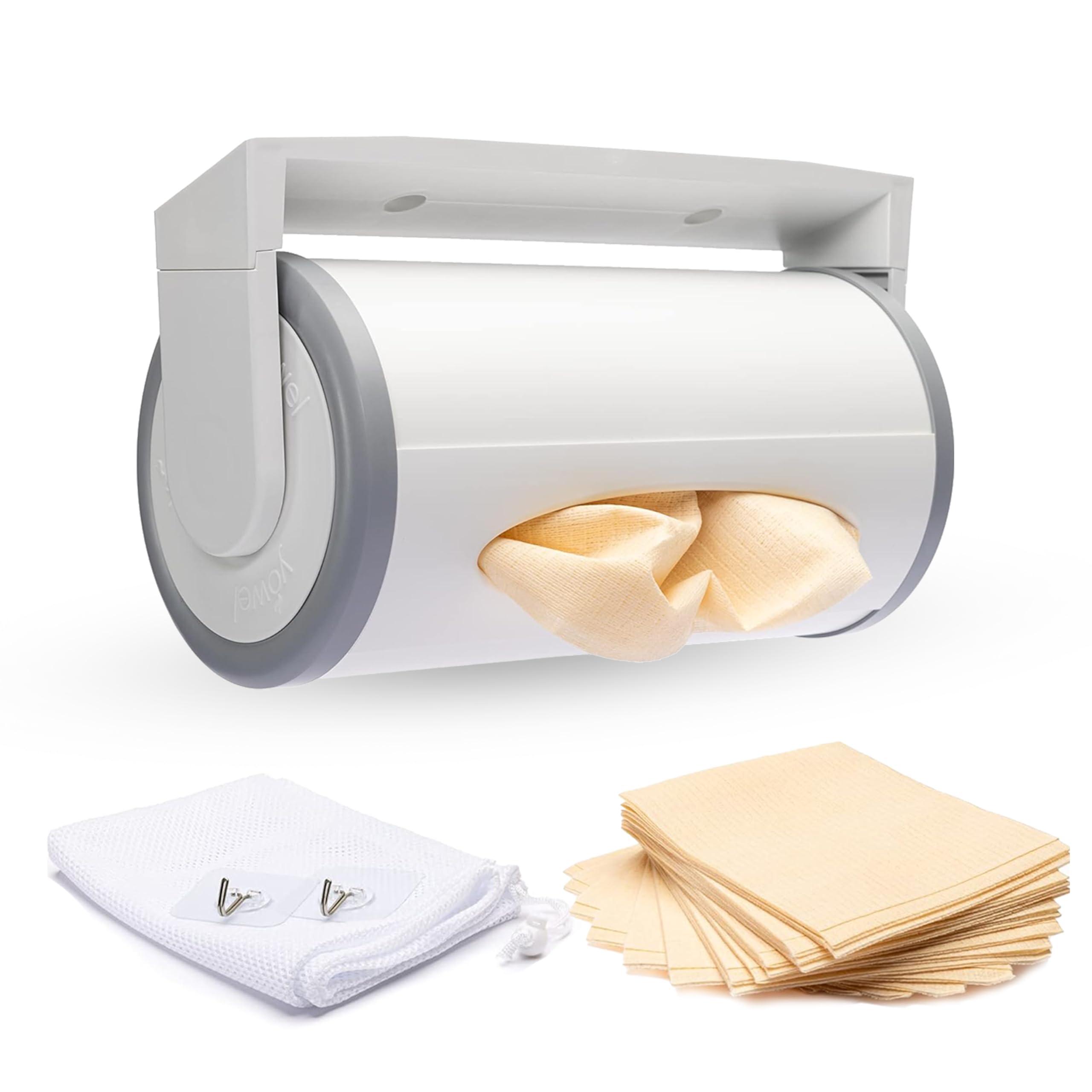 YOWEL YOWEL Under Cabinet Reusable Towel Dispenser | Includes 40-Eco Friendly Reusable Towels, 1-Mesh Bag, 2-Hooks