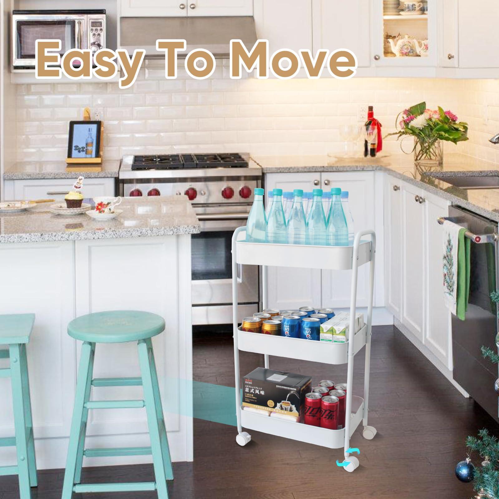 Ufriandz Ufriandz Metal Utility Cart with Wheels, Three Tier Rolling Cart Storage Organizer Trolley with Handle, Heavy Duty Mobile Shelving Units for Kitchen Home Laundry Office Art Bedroom Salon, White