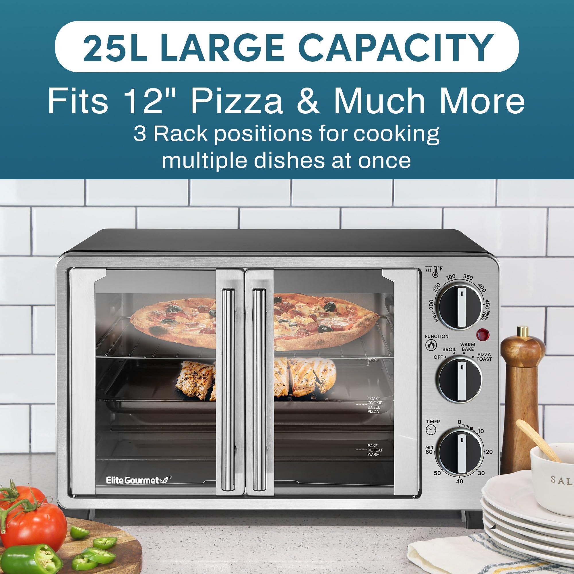 Elite Gourmet Elite Gourmet ETO2530M Double French Door Countertop Toaster Oven, Bake, Broil, Toast, Keep Warm, Fits 12\" pizza, 25L capacity, Stainless Steel & Black