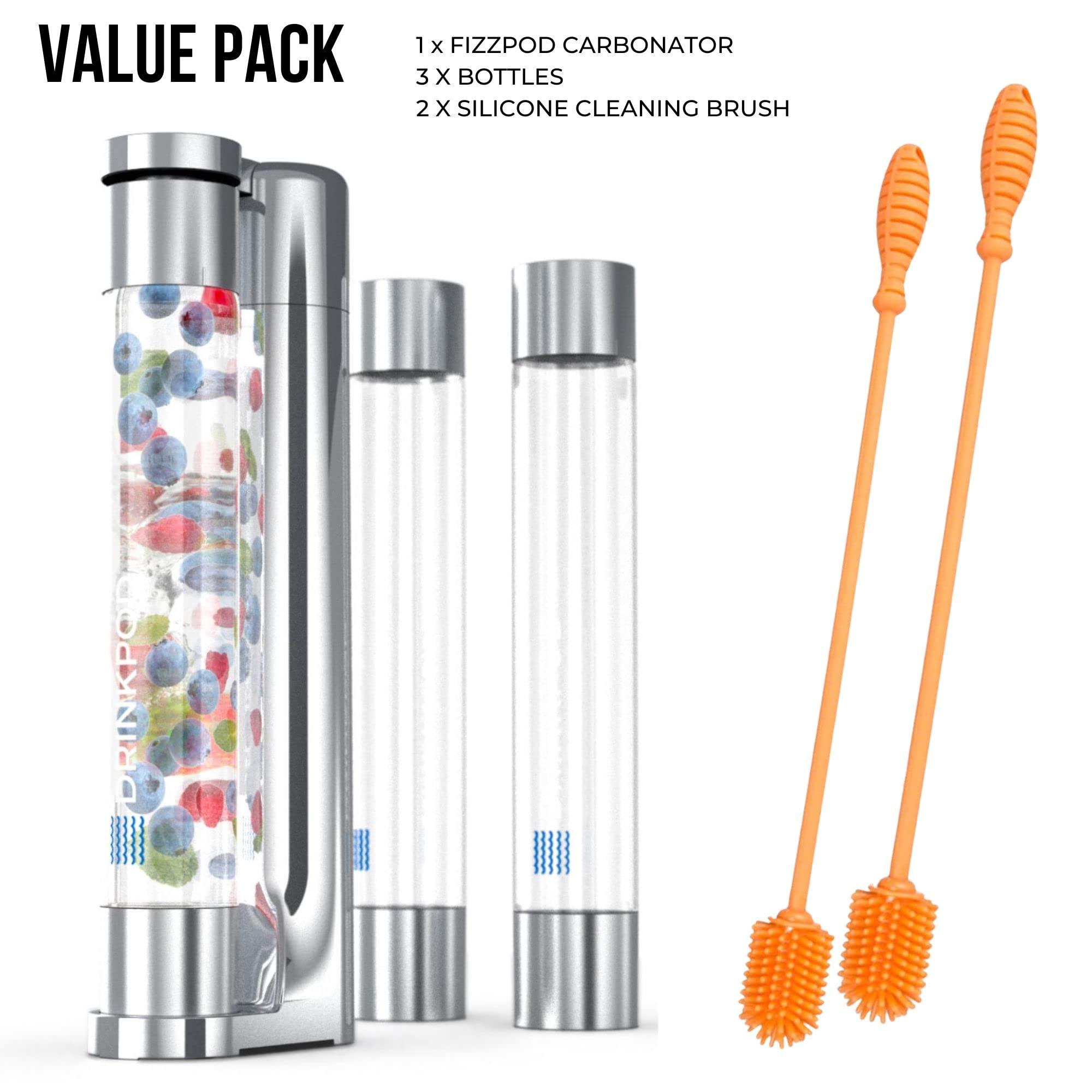 DRINKPOD Fizzpod Soda Maker Home Soda Carbonation,Fizzy Bubbly Drink Machine with 3 PET Bottles, 3 Caps, 1 Carbonator Cap and Manual, Coffee, Tea and Cocktail Drinks with Fruit (Chrome+2OrangeBrush)