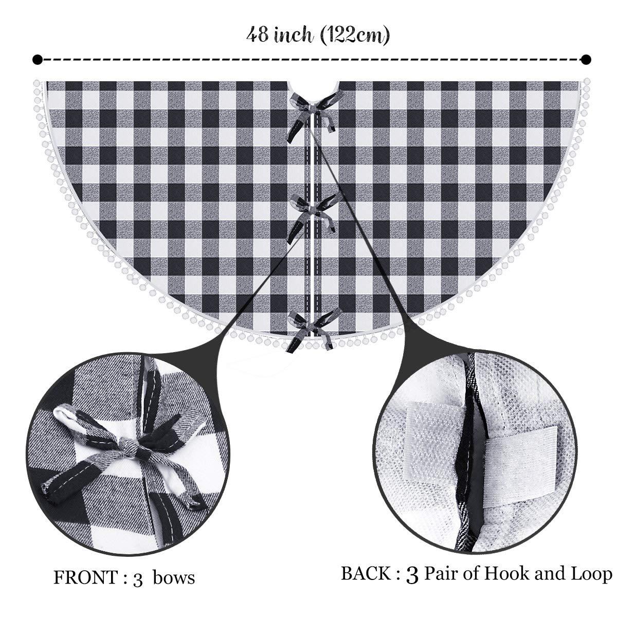 SevenFish SevenFish 48 inch Buffalo Plaid Christmas Tree Skirt Black and White Buffalo Check Tree Skirt with Pom Pom for Christmas Decorations