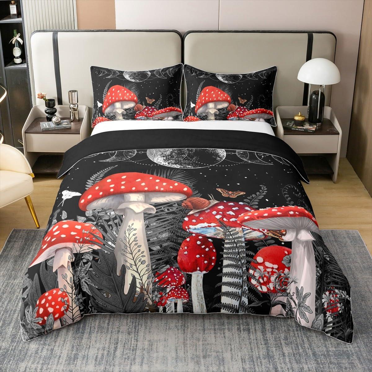 Castle Fairy King Size 3 Pcs Red Mushroom Duvet Cover 100% Cotton Sun Moon Exotic Starry Galaxy Bedding Set for Kids Teens Adults Wild Botanical Burgundy Plants Comforter Cover with 2 Pillowcases(No Comforter)
