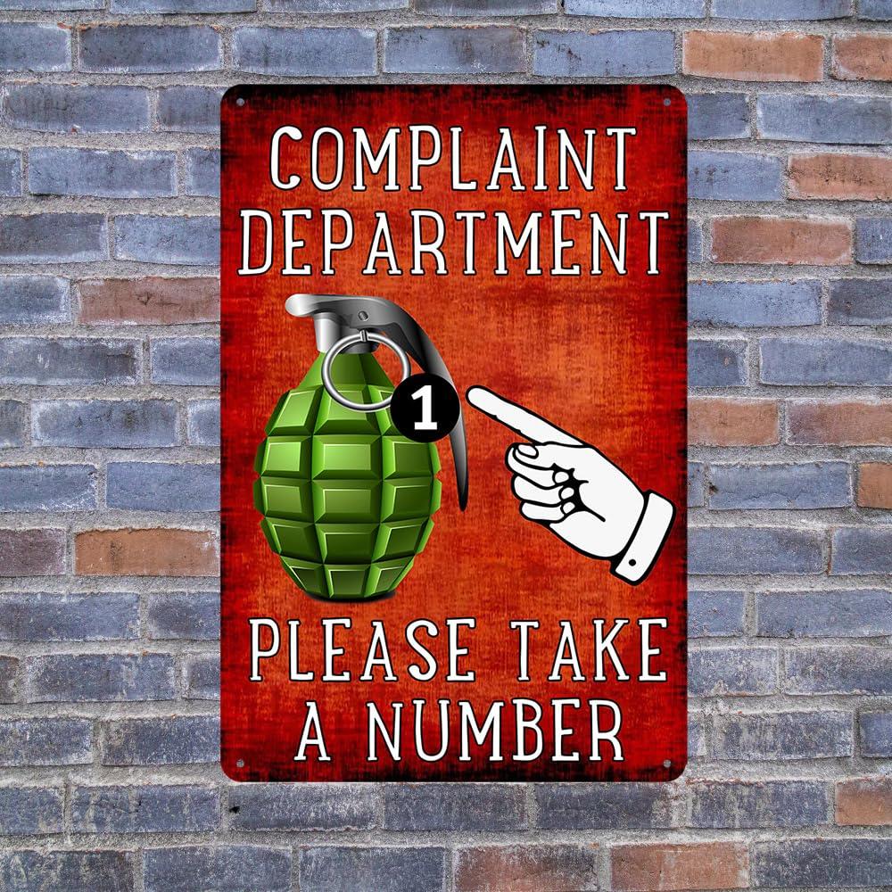 RESKEA Funny Metal Tin Sign Complaint Department Grenade Sign Complaint Department Take A Number Tin Signs Sarcastic Man Cave Bar Wall Decor