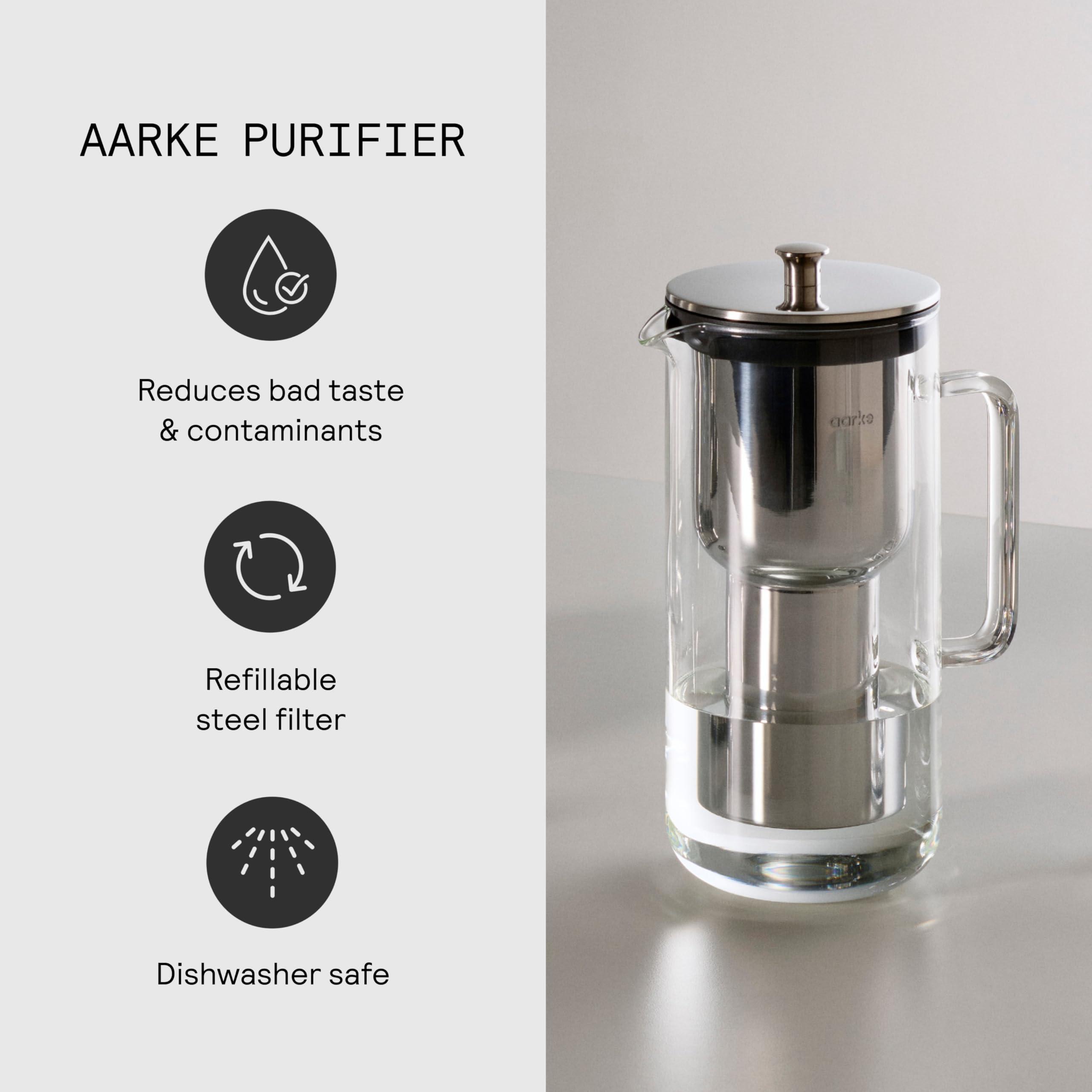 aarke aarke Purifier Glass Water Pitcher, Refillable Stainless Steel Filter, 8-Weeks Performance, BPA-Free, Dishwasher Safe, Pure & Enriched Refill Granules, 1.18L (5 Cups) Capacity