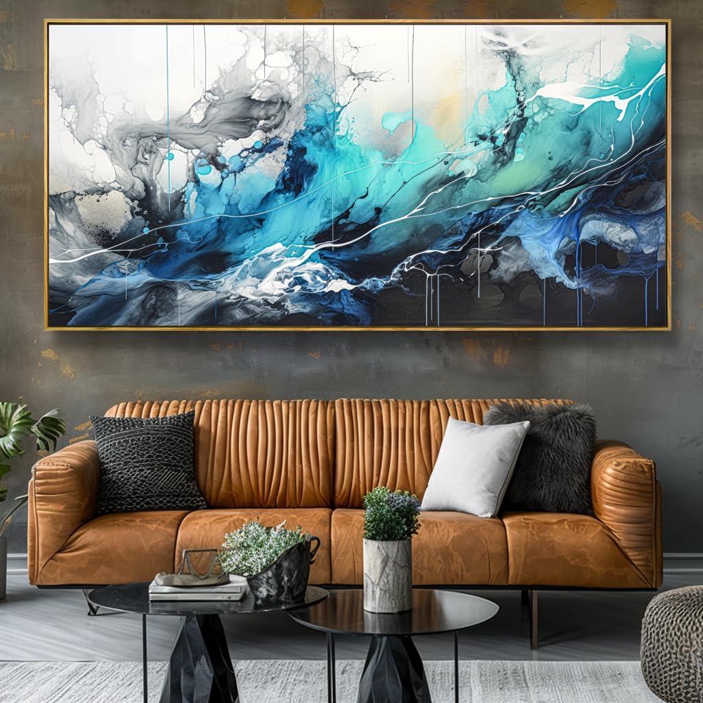 liysawg Wall Art Abstract Canvas Painting Teal Blue Modern Artwork for Living Room Bedroom Dining Room Home Office Decor 30\"x60\" with Framed