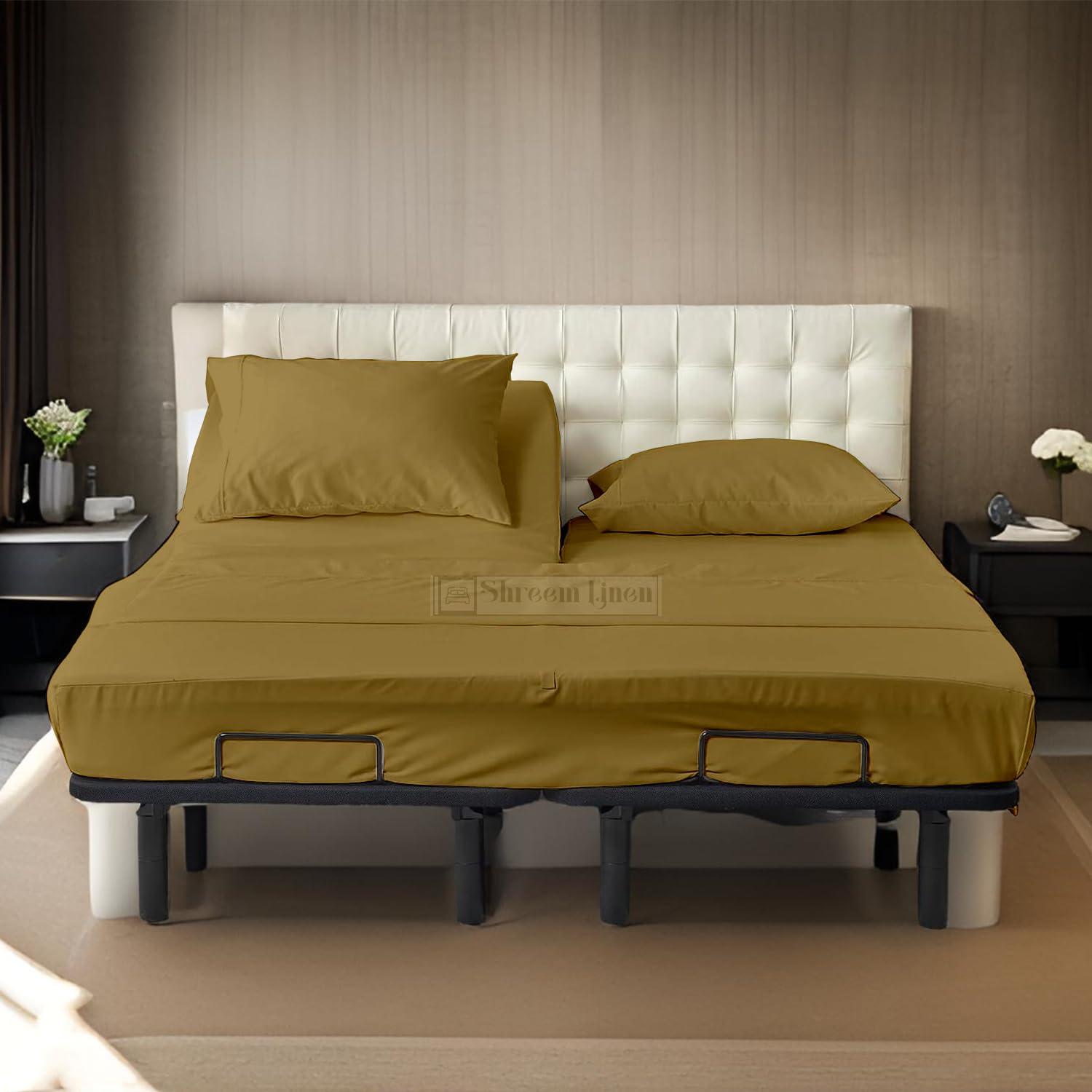 Shreem Linen Split Head Flex Cal-King Sheets for Adjustable Beds, Flex Top Cal-King Sheets for Sleep Number Bed 100% Egyptian Cotton - 4Pcs Sheet Set -28\" Top Split Sheets to fit Upto 16\" Deep (Taupe Solid)