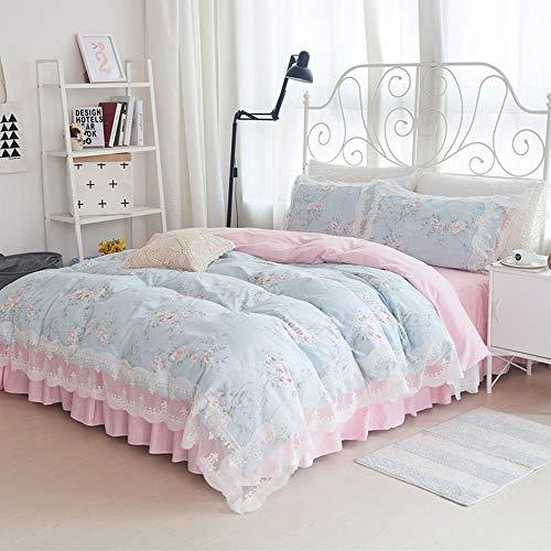 Mbay Mbay Girls Blue Pink Lace Bed Set Twin, Chic Flower Print Duvet Cover Cotton, Princess Fashion Bed Skirt, 3PCS