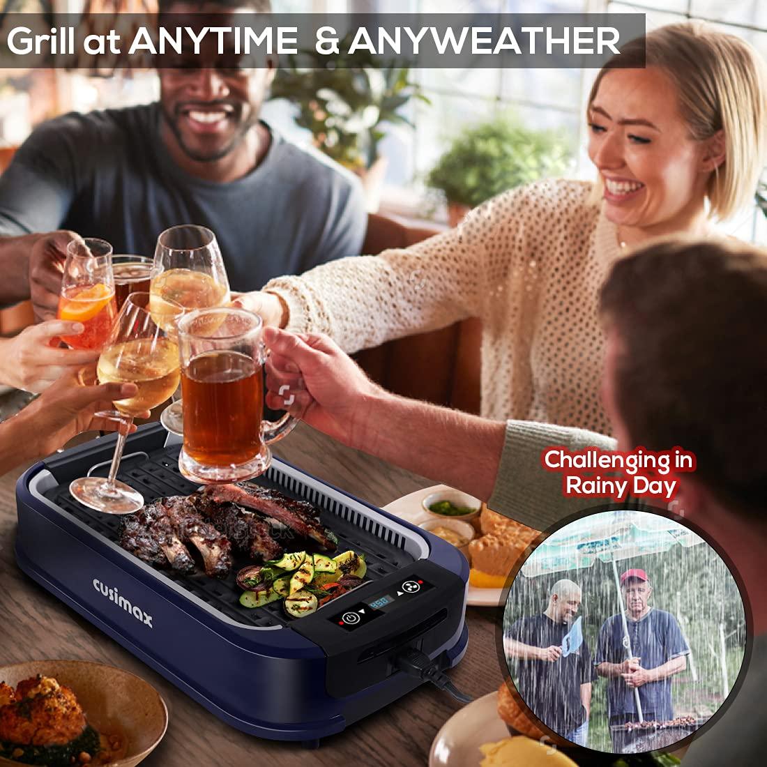 CUSIMAX Indoor Grill Electric Grill CUSIMAX Smokeless Grill Portable Korean BBQ Grill with Turbo Smoke Extractor Technology, Non-stick Removable Grill Plate, Tempered Glass Lid, Great for Party(Single Plate)