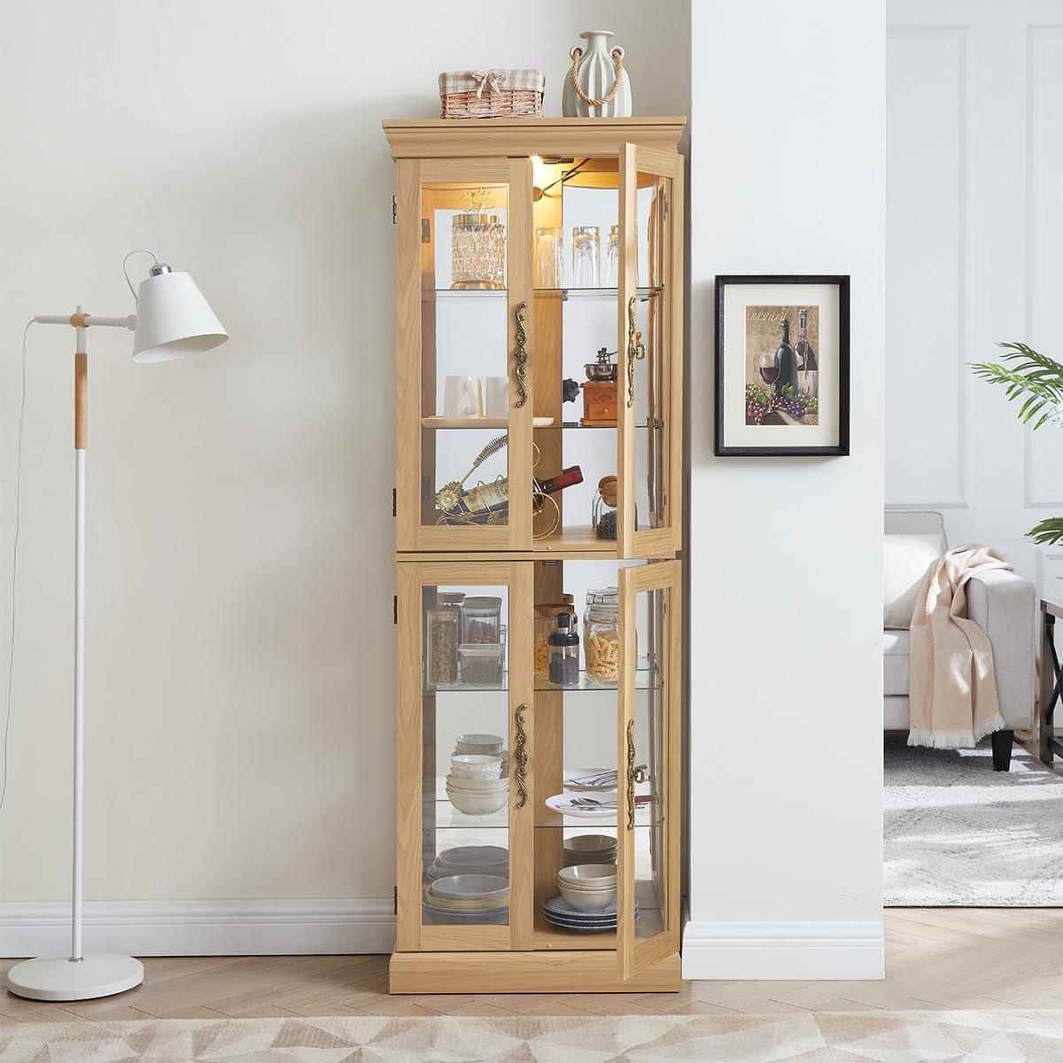 YiaFurio Lighted Glass Curio Cabinet with Lights & Adjustable Shelves,Curio Display Cabinet with Wood Frame,Corner Cabinet for Kitchen,Living Room,Office(Free Standing,Light Bulb Include)