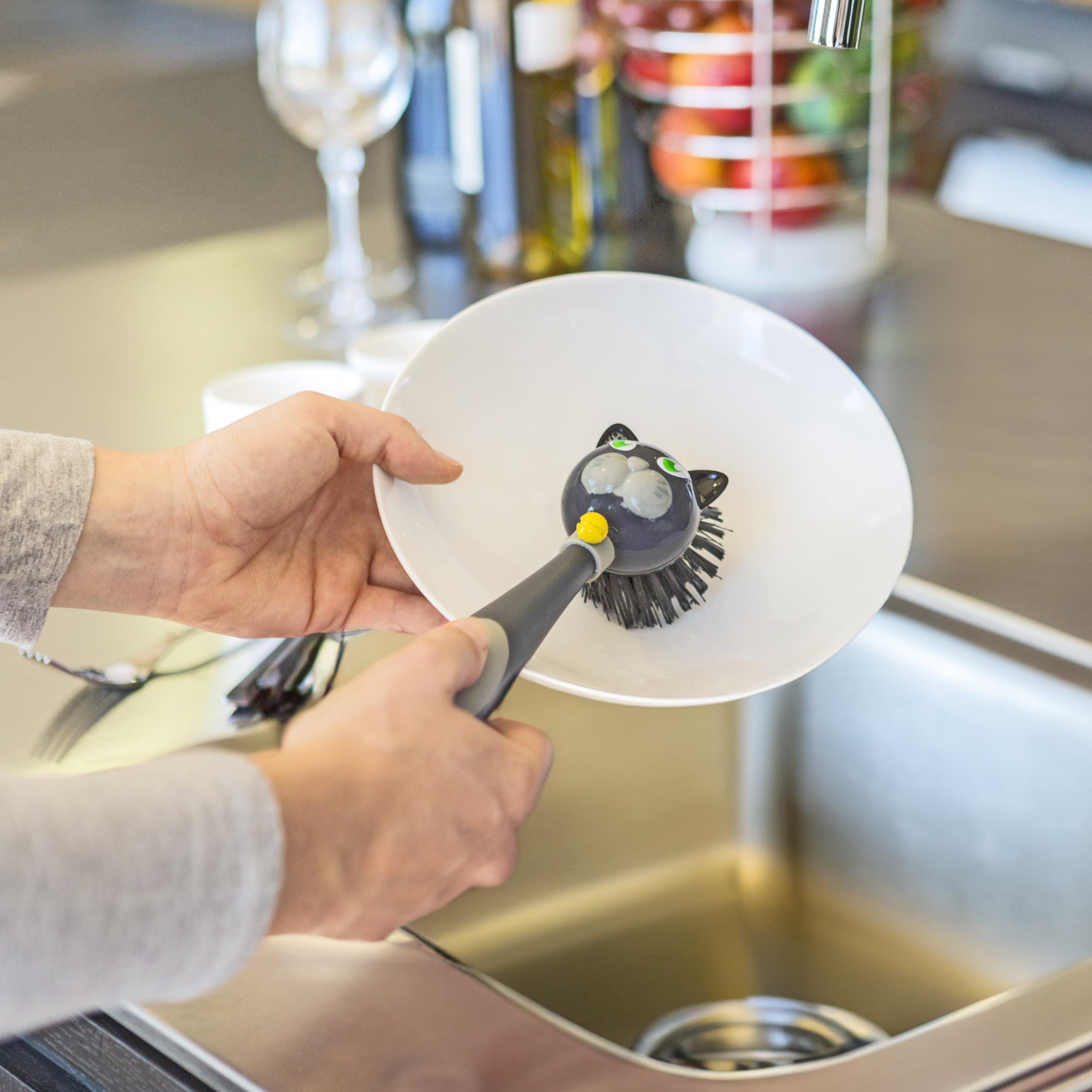 Vigar Vigar Felix Cat-Shaped Soap Dispensing Dish Brush, Dish Brush with Soap Dispenser for Pot Scrubber, Dishes, Sink, and Kitchen Essentials, Black, Gray