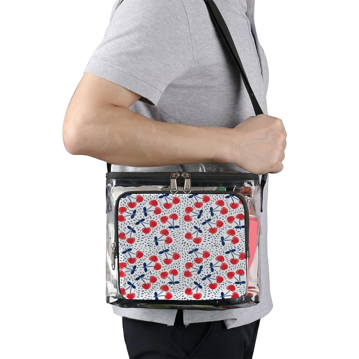 bisibuy bisibuy Cherry Print Clear Lunch Bag Stadium Approved PVC Plastic See Through Lunch box with Adjustable Strap for Sports Events Concerts Office