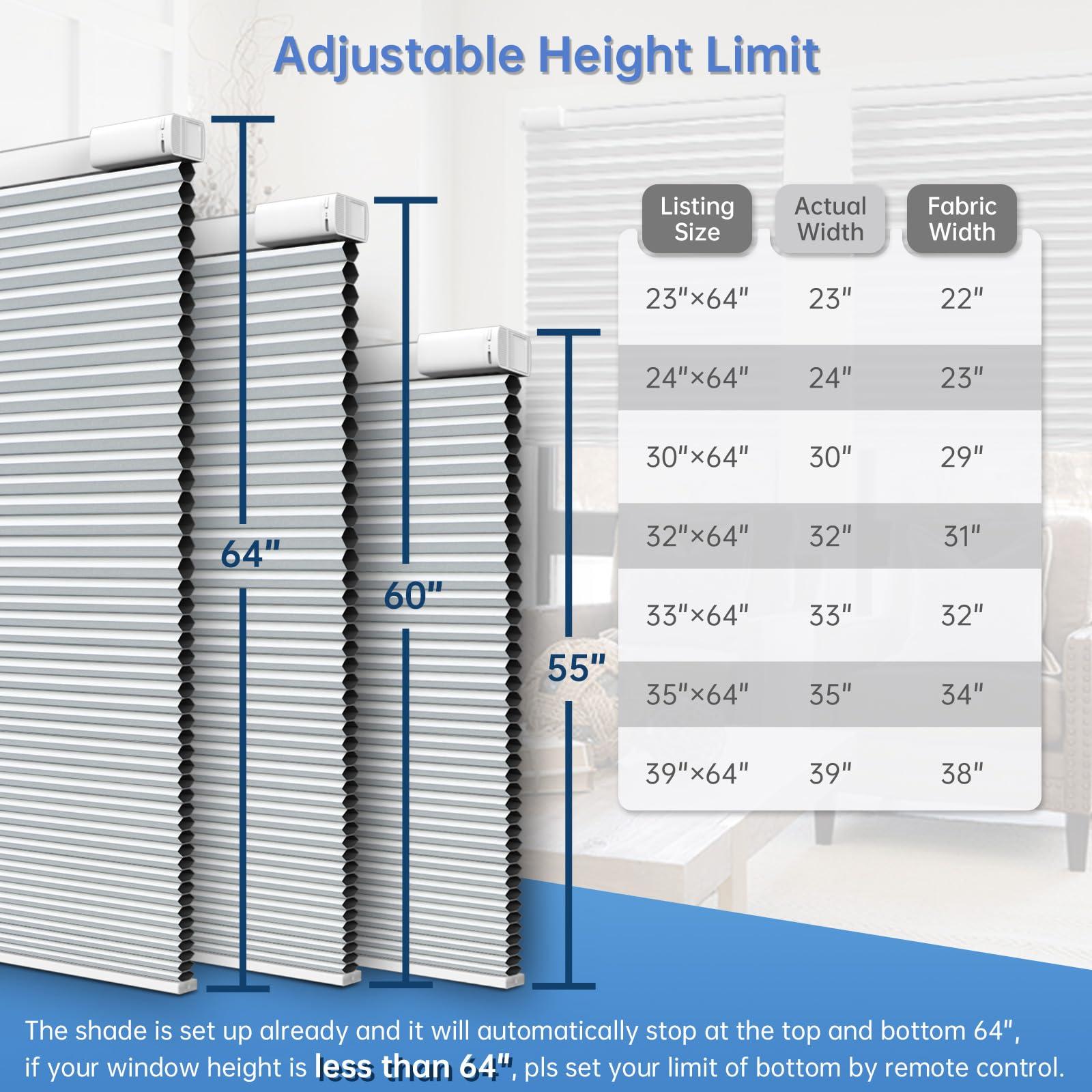 UGOODS Solar Powered Rechargeable Motorized BlindsFree Solar Panel 100% Blackout Cellular Shades with Remote, Cordless Automatic Electric Blinds, 39" Wx64 H, Grey