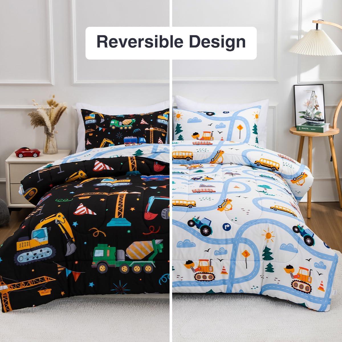 Holawakaka Holawakaka Trucks Tractors Cars Boy Bedding Comforter Set with Sheets, Full Size Cartoon Construction Car Excavator Print Kids Bed in A Bag 5-Piece, Boys Reversible Dorm Bed Sets (Black Full)