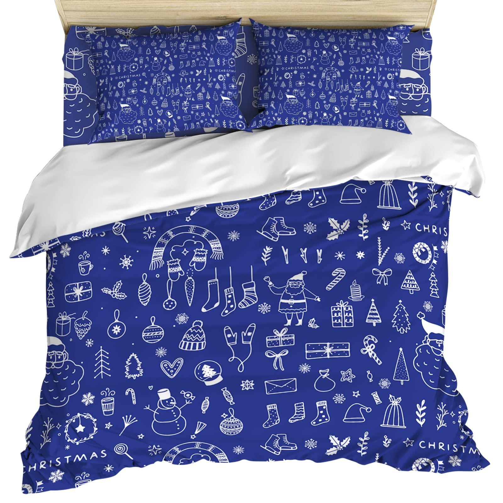 Debedcor Cal. King Comforter Covers Sets Blue Christmas 4 Piece Duvet Cover Set Lightweight Microfiber Soft Bedding Set for Adult Teen, Xmas Tree Candy Santa Christmas Stockings