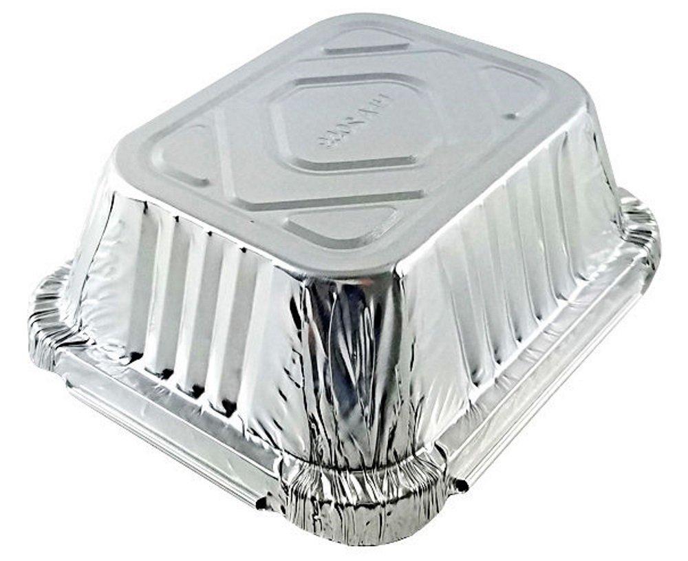 PACTOGO PACTOGO 1 lb. Oblong Deep Aluminum Foil Take-Out Pan with Board Lid Disposable Containers 5.56\" x 4.56\" x 1.62\" (Pack of 50 Sets)