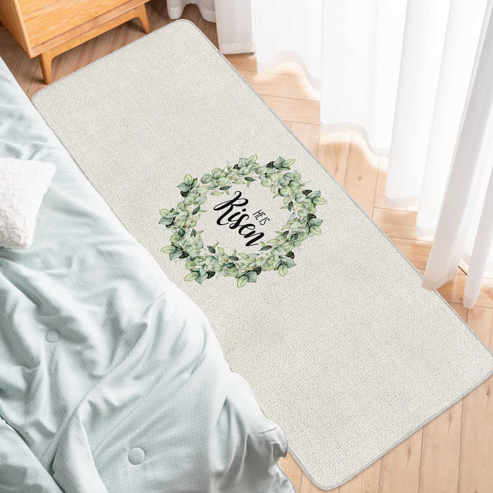 Carosoffe Easter Kitchen Rugs Set of 2 Floor Mats, Spring Eucalyptus Leaf Wreath Burlap Texture Kitchen Rugs and Mats Non Skid, Cushioned Comfort Standing Mats, 16"x24"+16"x48"