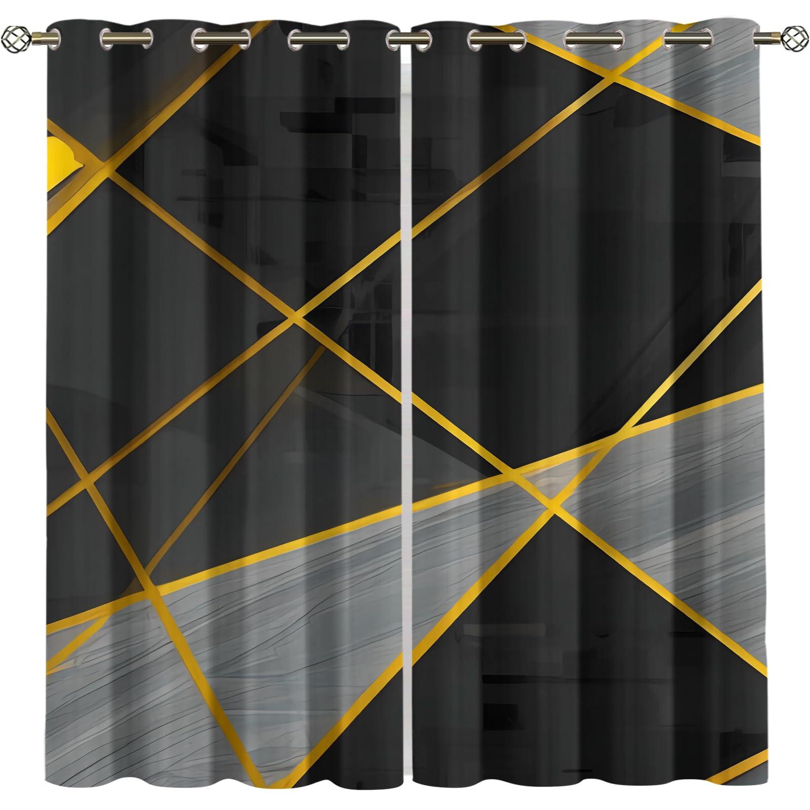 FNOIMO Black and Gray Irregular Geometry Blackout Curtains, Golden Luxury Abstract Lines Grommet Drapes 2 Panel Set, Grommet Thermal Insulated Window Curtain for Living Room Bedroom Office 104"W x 84"L