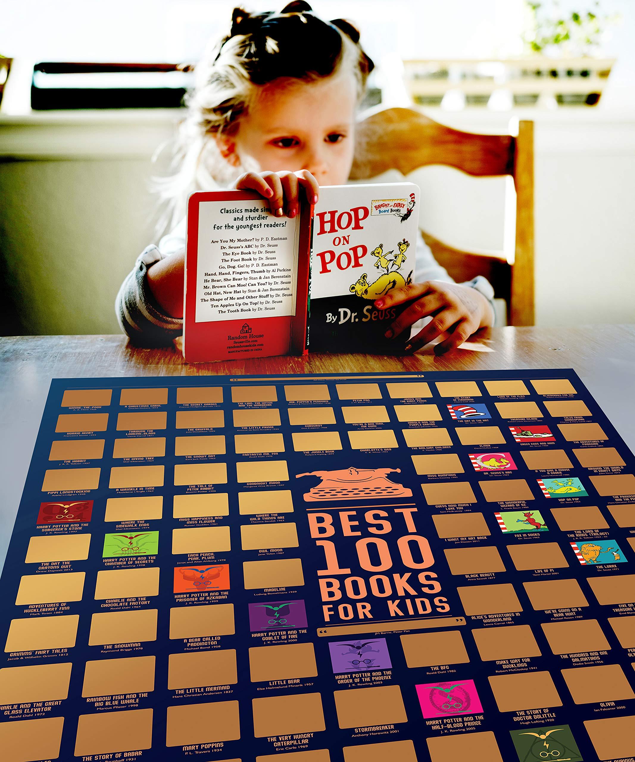 Travel Revealer Travel Revealer 100 Kids Books Scratch Off Poster, Best 100 Books for kids Scratch Off Poster, 24x17 Gold Foil Novel Scratch Off Poster with learn to read books
