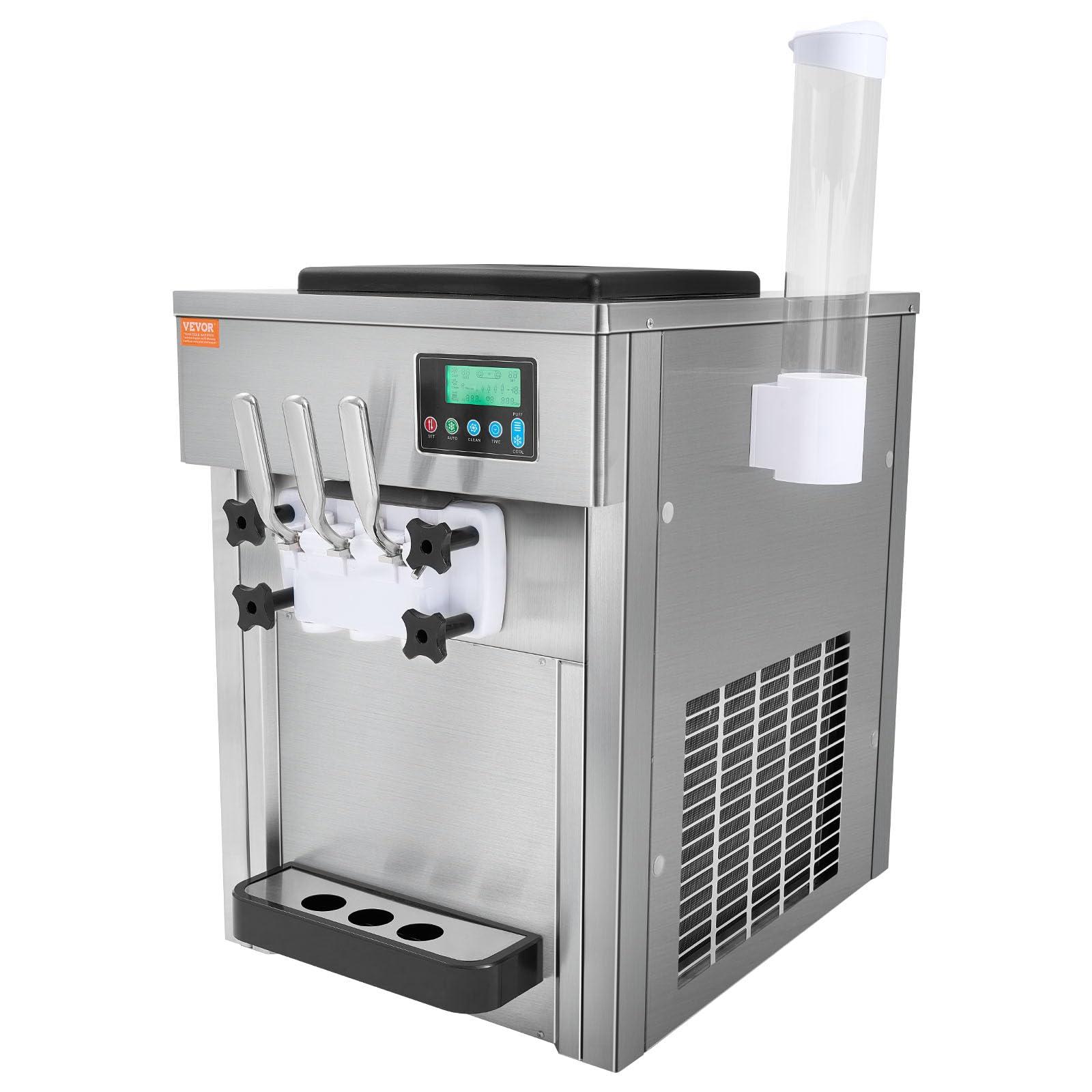 VEVOR VEVOR Commercial Ice Cream Machine, 21 QT/H Yield, 1800W 3-Flavor Countertop Soft Serve Ice Cream Maker, 2 x 4L Hopper 2 x 1.8L Cylinder, LCD Panel Auto Clean Pre-cooling, for Restaurant Snack Bar